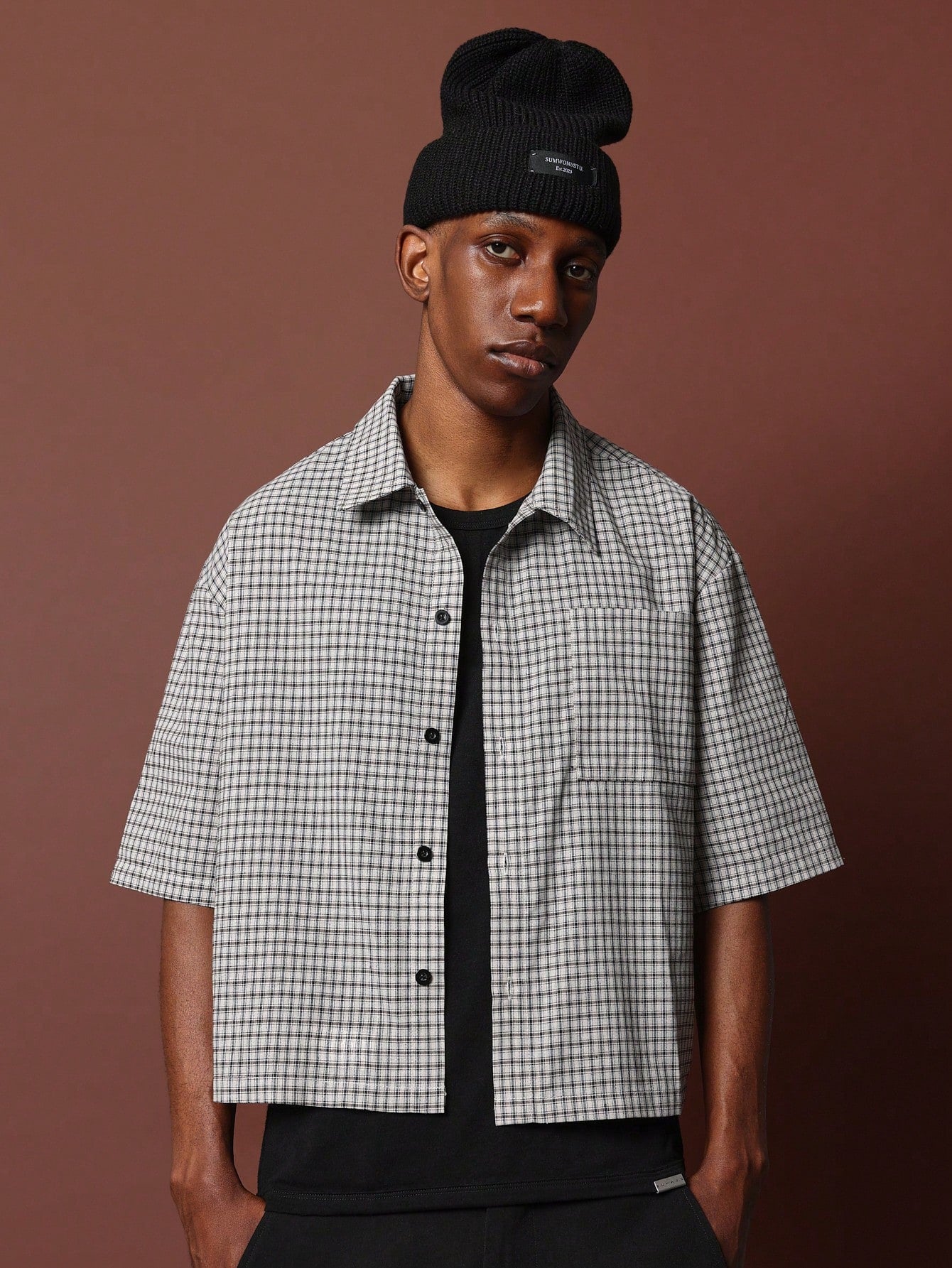 Crop Fit Short Sleeve Revere Collar Check Shirt