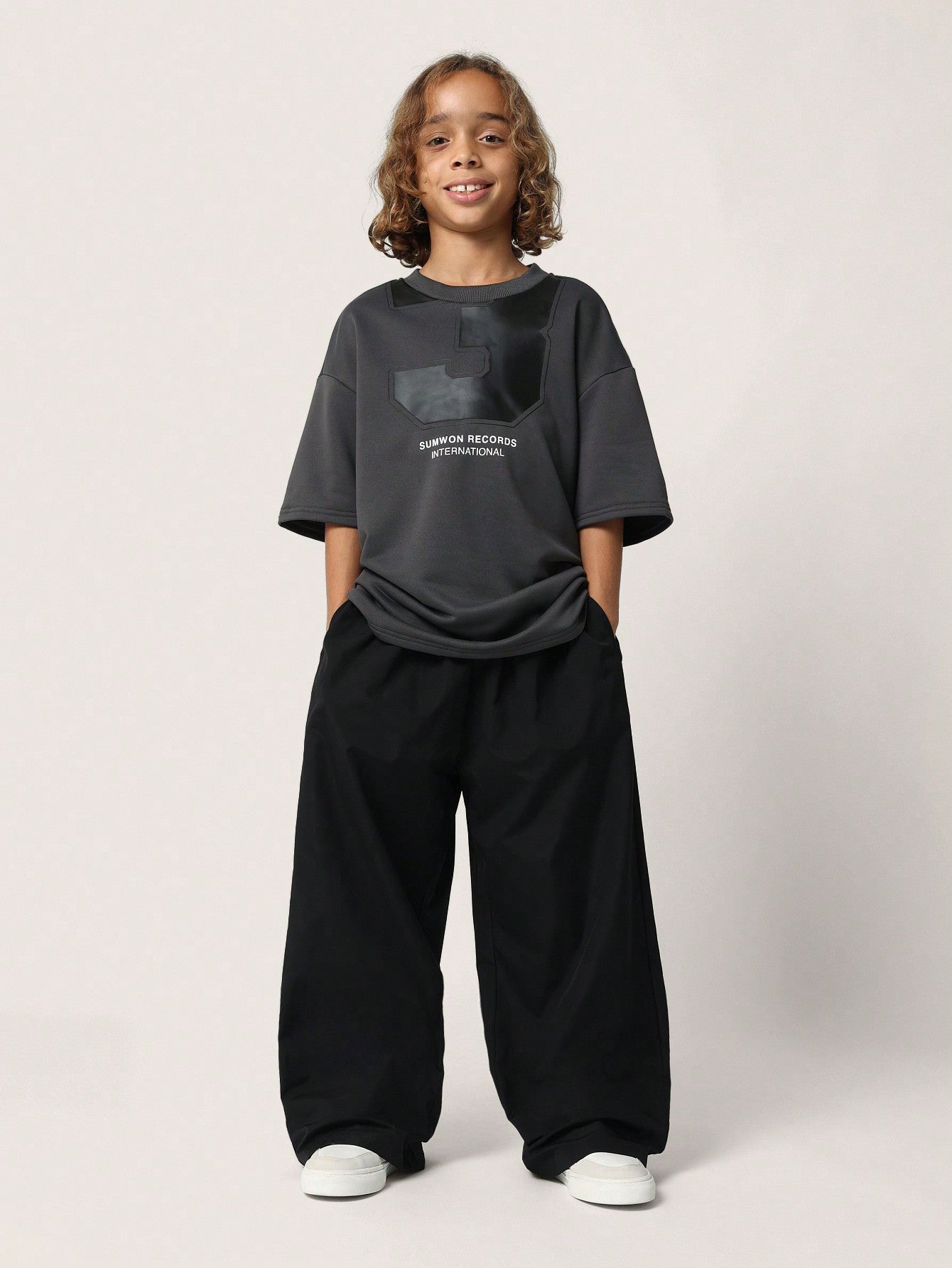 Tween Girls Oversized Graphic Print Tee And Wide Leg Nylon Jogger 2 Piece Set