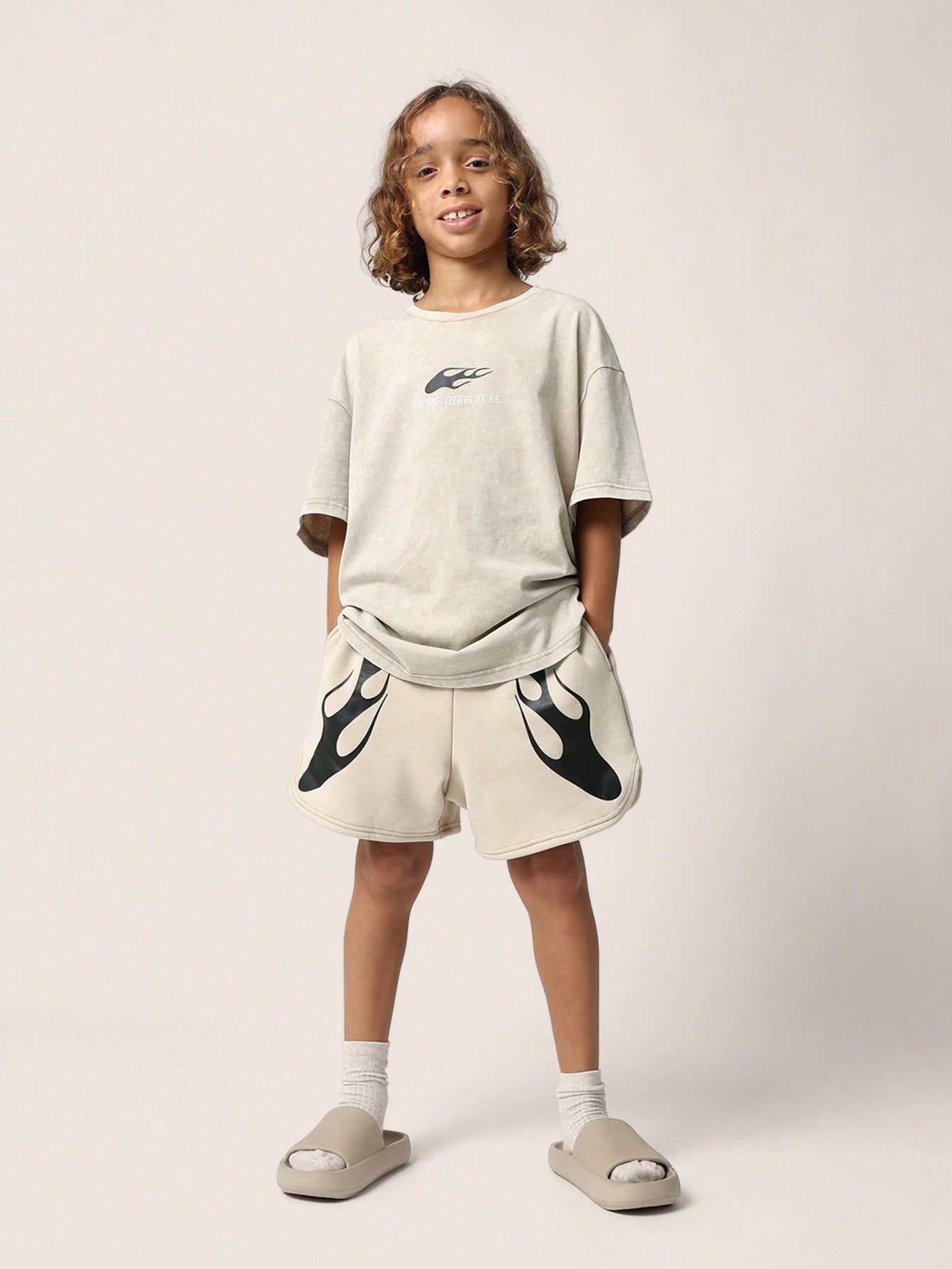 Tween Boys Regular Fit Short Sleeve Washed Tee And Short With Fire Graphic Print 2 Piece Set