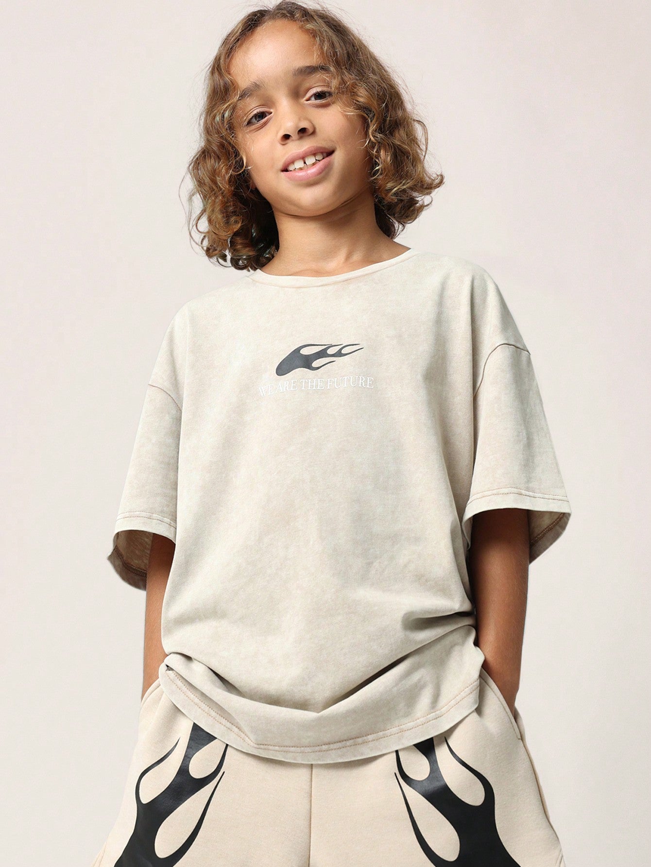 Tween Boys Regular Fit Short Sleeve Washed Tee And Short With Fire Graphic Print 2 Piece Set