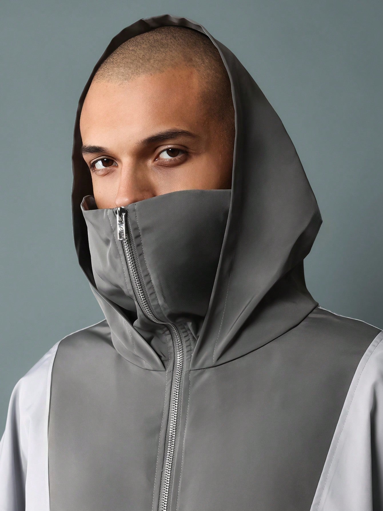 Regular Fit Nylon Mask Zip Through Blocked Hoodie Jacket