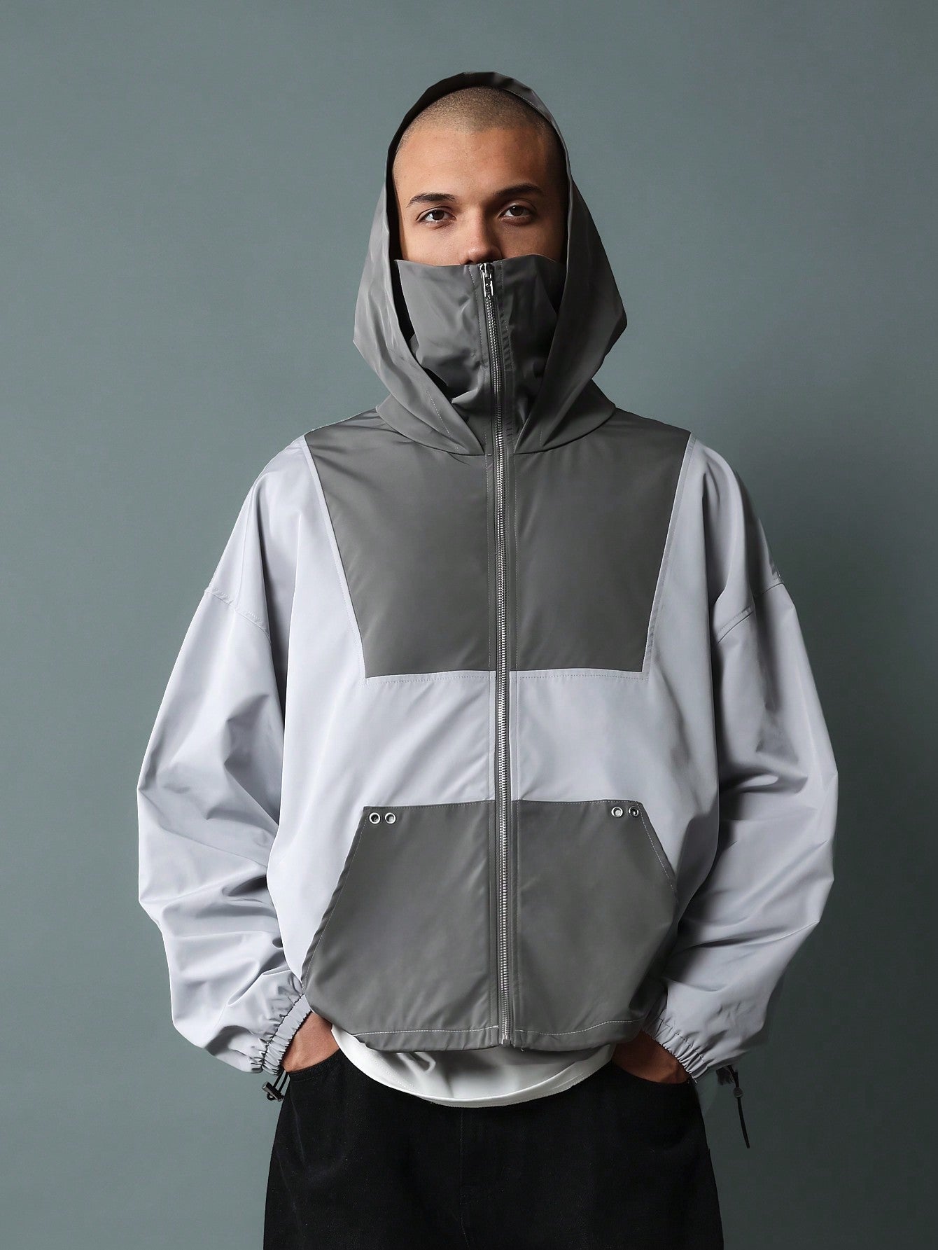 Regular Fit Nylon Mask Zip Through Blocked Hoodie Jacket