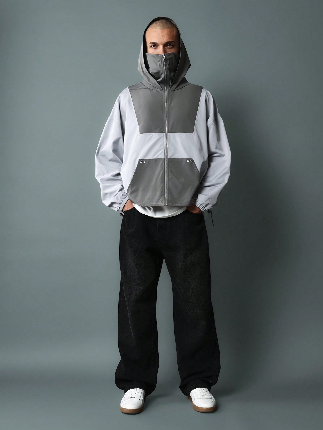 Regular Fit Nylon Mask Zip Through Blocked Hoodie Jacket