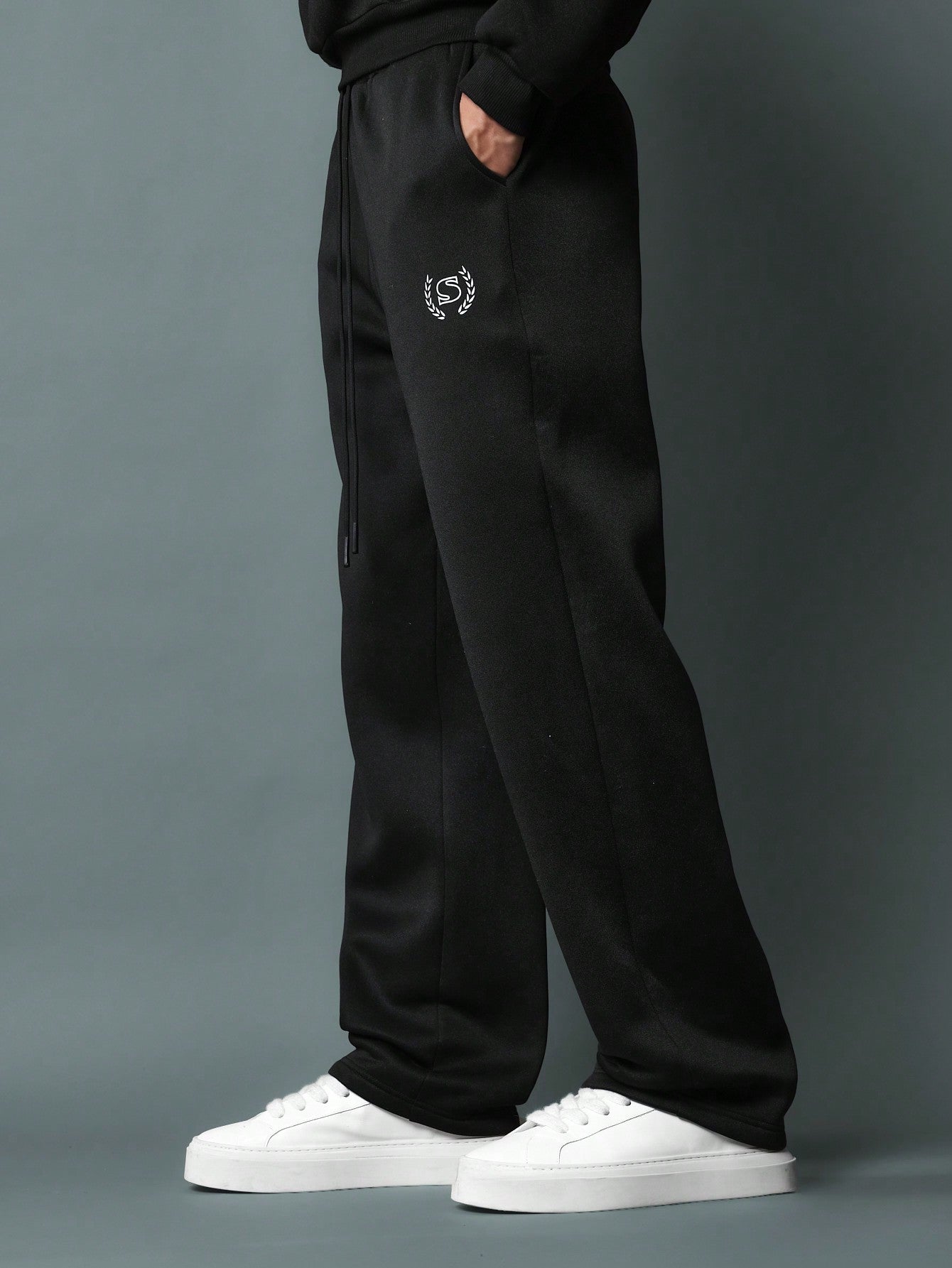 Straight Fit Drop Crotch Sweatpants With Small Graphic Print & Drawstrings