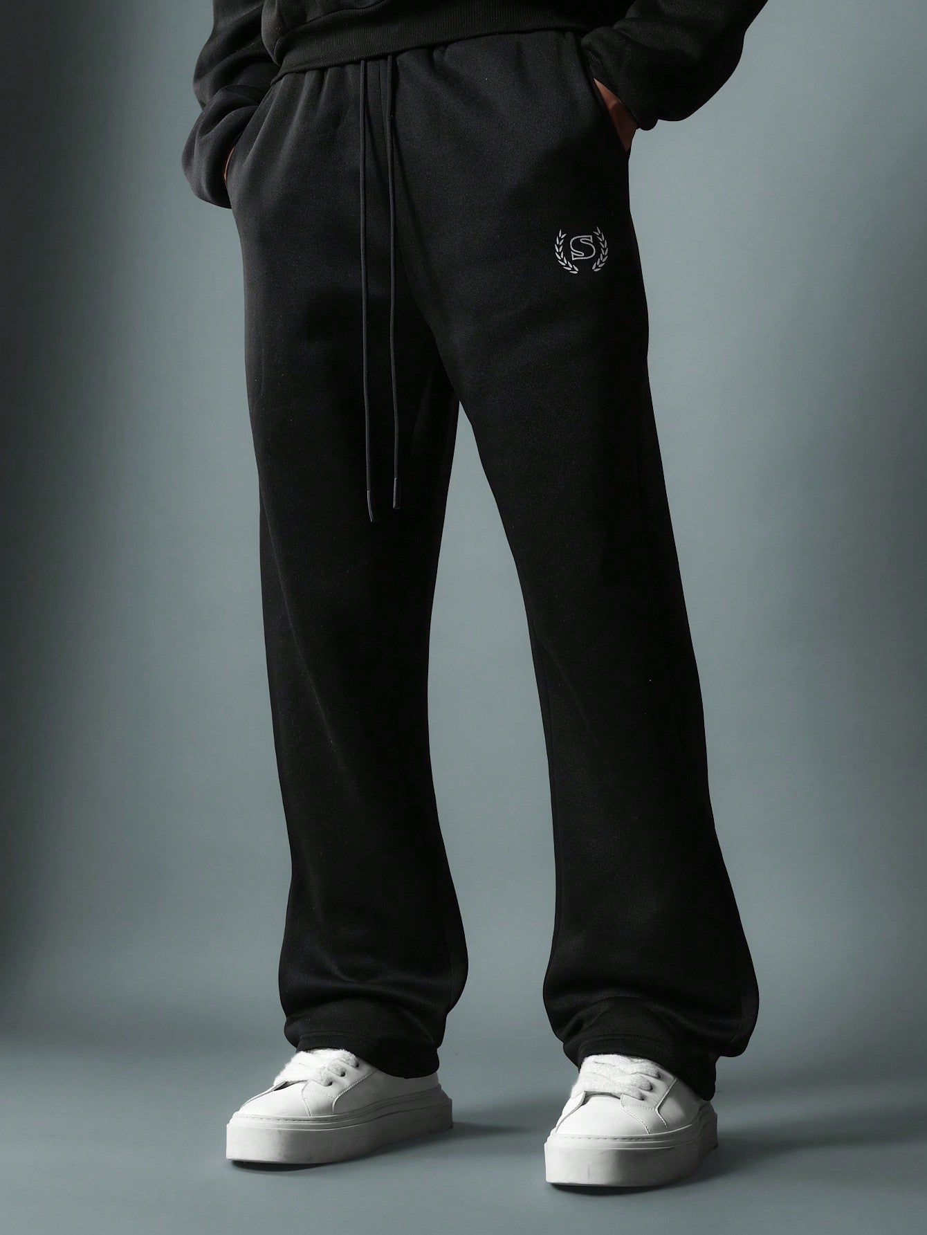 Straight Fit Drop Crotch Sweatpants With Small Graphic Print & Drawstrings