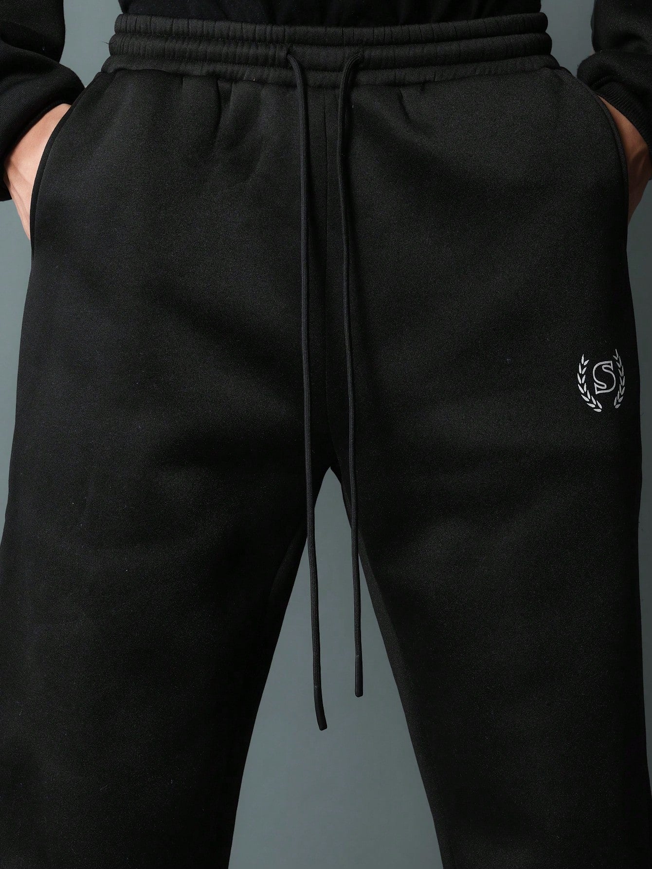 Straight Fit Drop Crotch Sweatpants With Small Graphic Print & Drawstrings