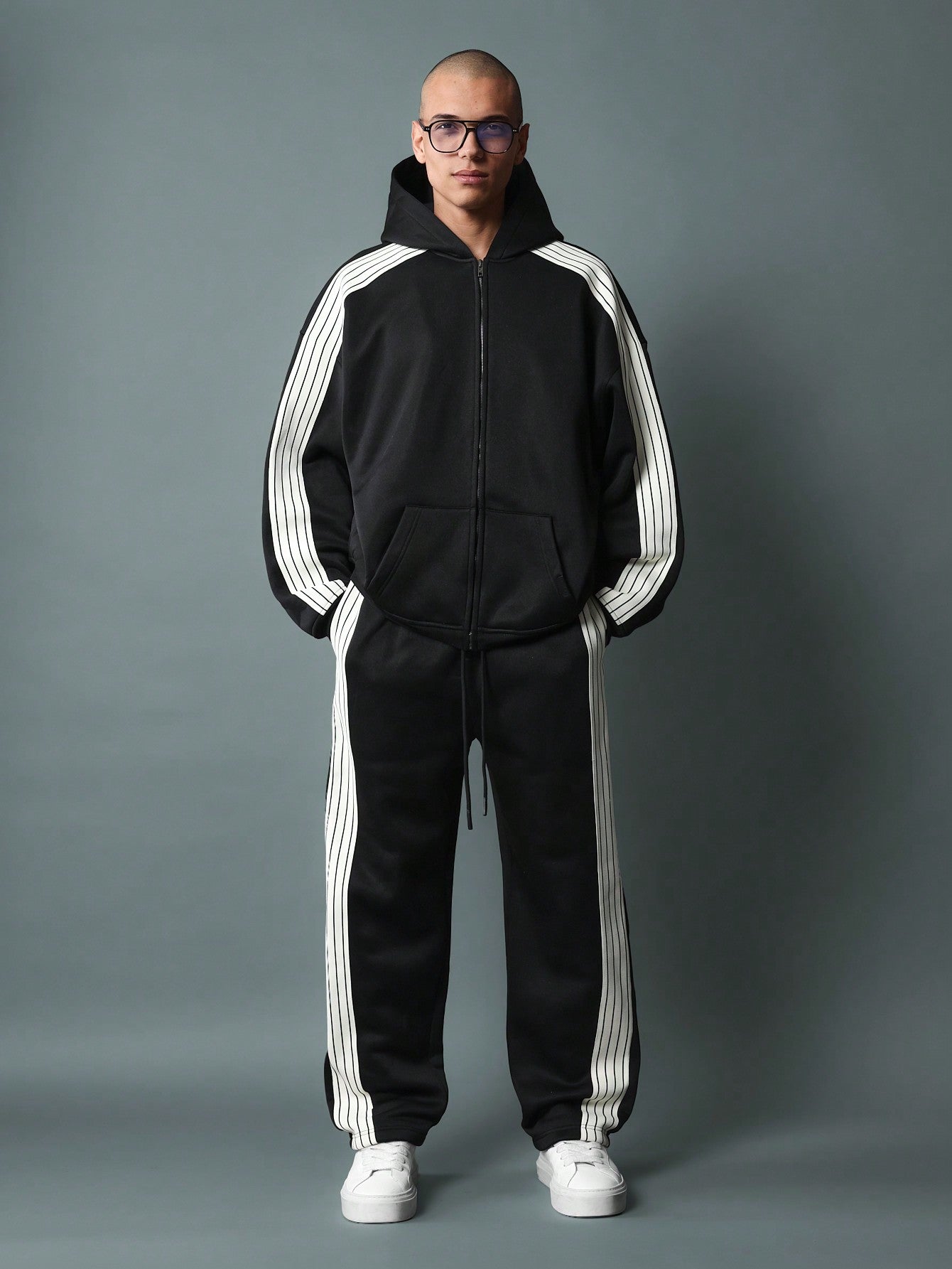 Regular Fit Zip Up Hoodie And Straight Fit Drop Crotch Sweatpants With Side Stripe Tape Details 2 Piece Set