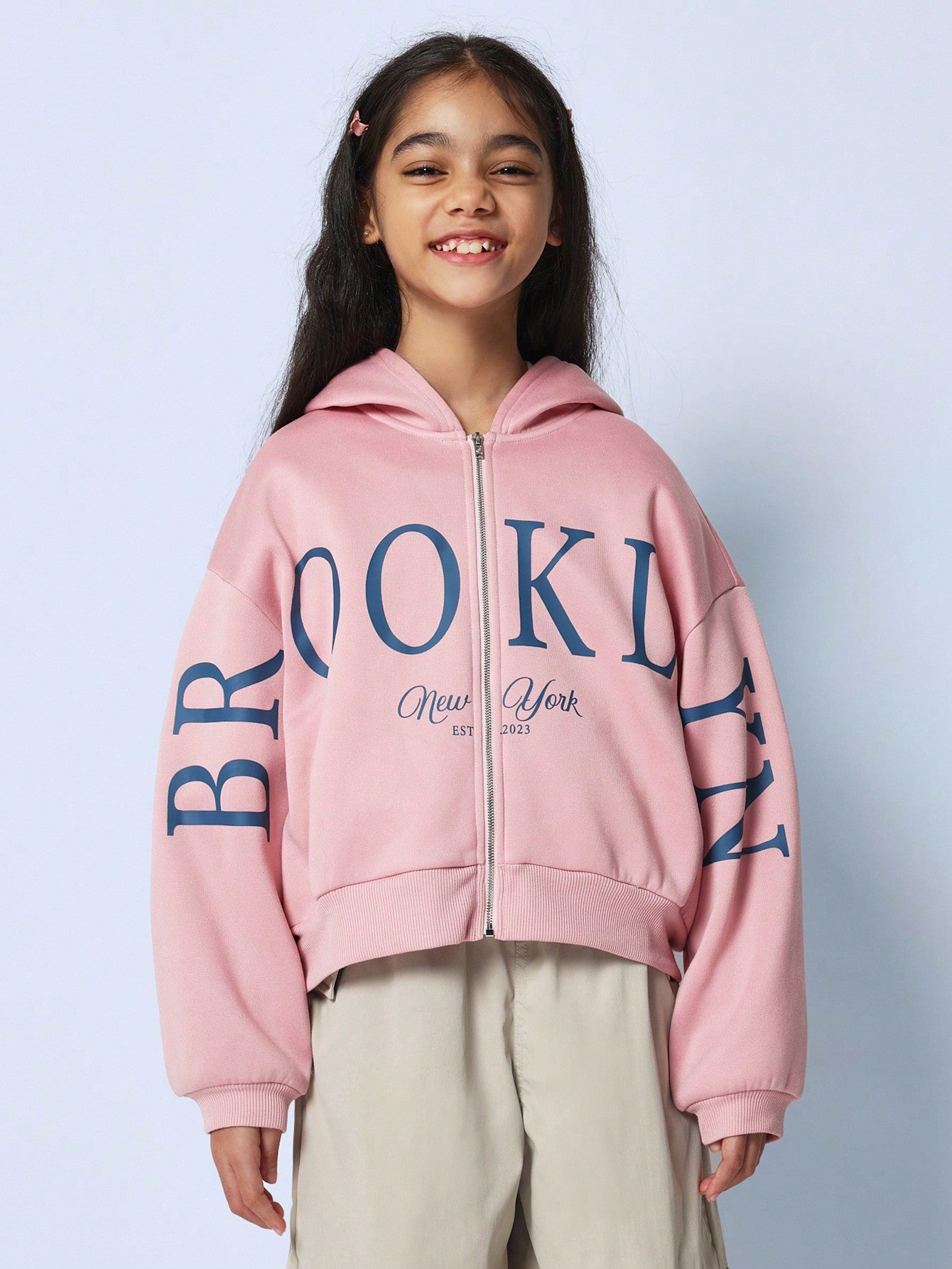 Tween Girls Comfy Regular Fit Pink Zip-Up Hoodie With Large Graphic Print