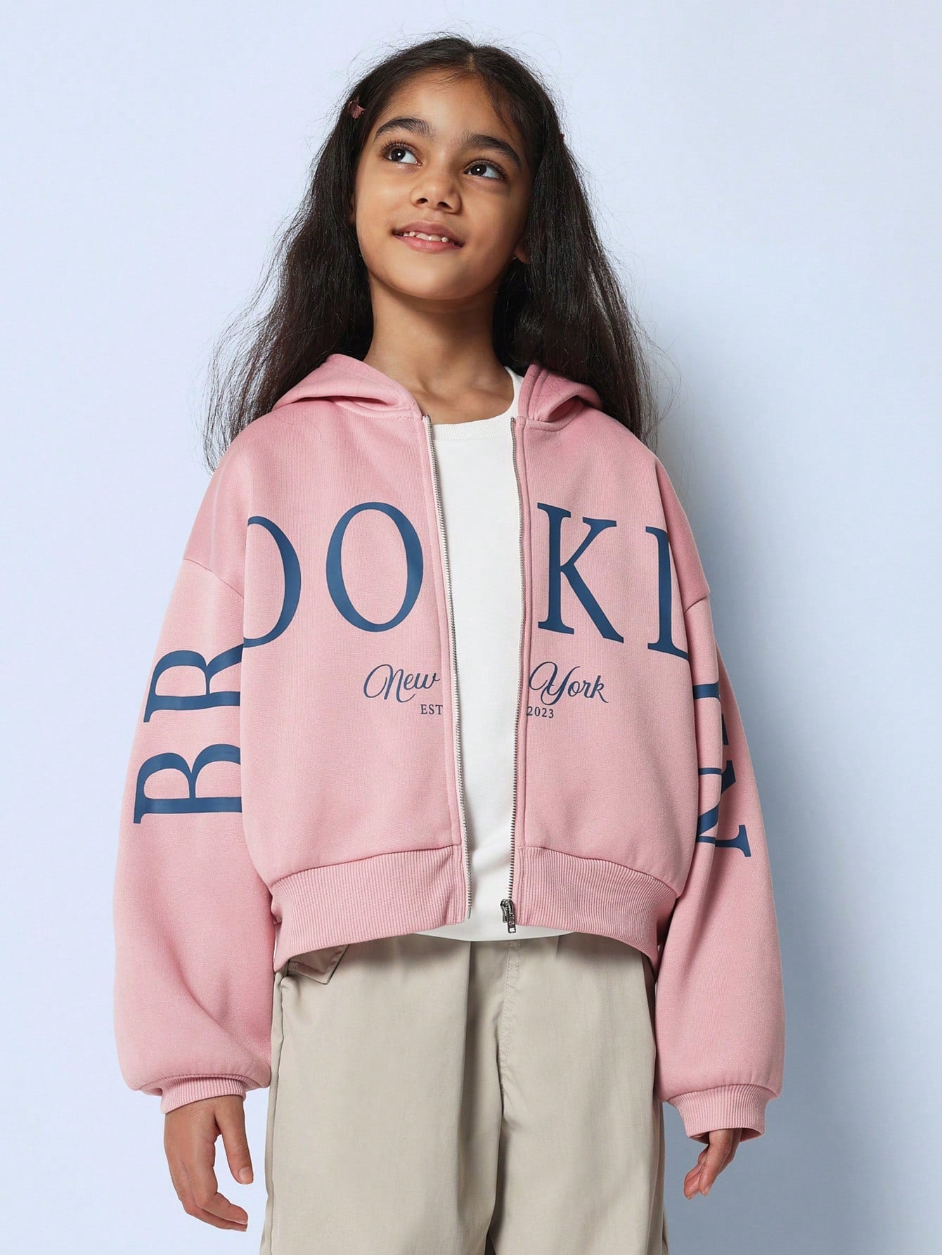 Tween Girls Comfy Regular Fit Pink Zip-Up Hoodie With Large Graphic Print