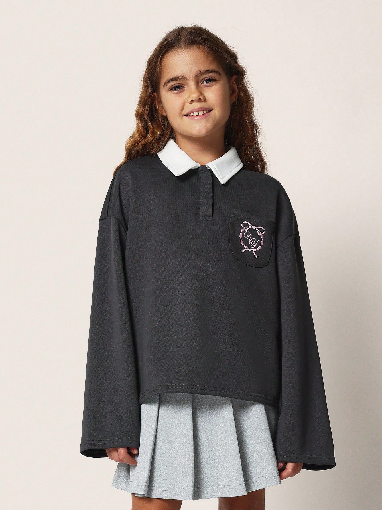 Tween Girls Comfy Boxy Fit Rugby Style Flare Sleeve Polo Shirt With Embroidery And Contrast Colour Pleated Mini Skirt 2 Piece Set