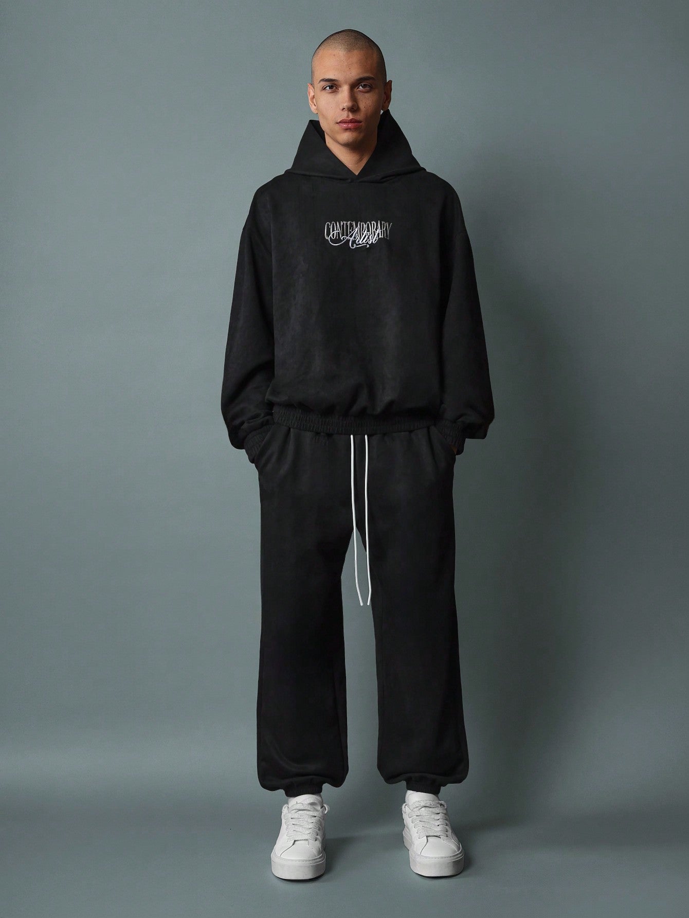 Regular Fit Suedette Overhead Hoodie With Embroidery Pattern And Barrel Fit Jogger With Drawstrings 2 Piece Set