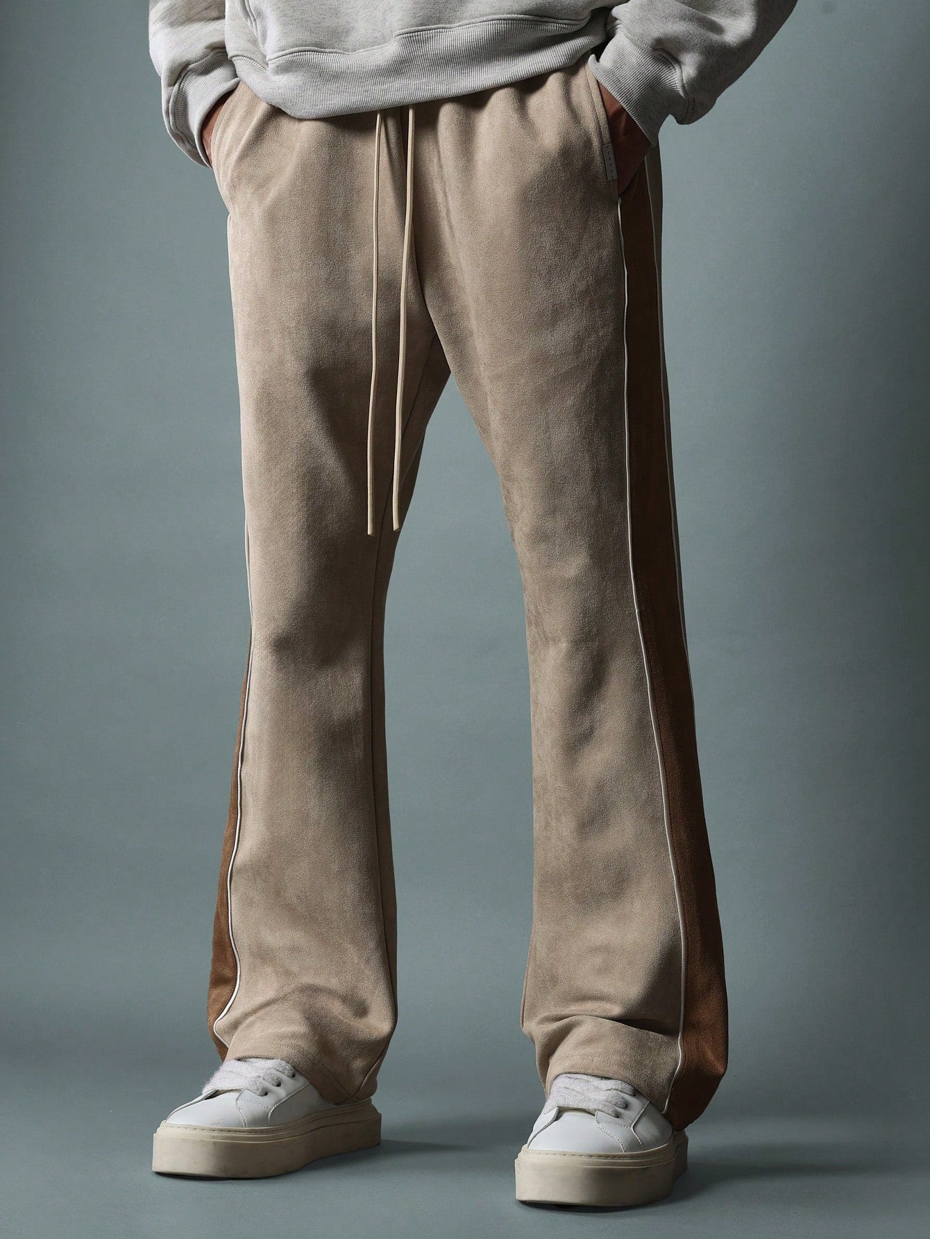 Flare Fit Suedette Sweatpants With Piping, Contrast Panels & Drawstrings