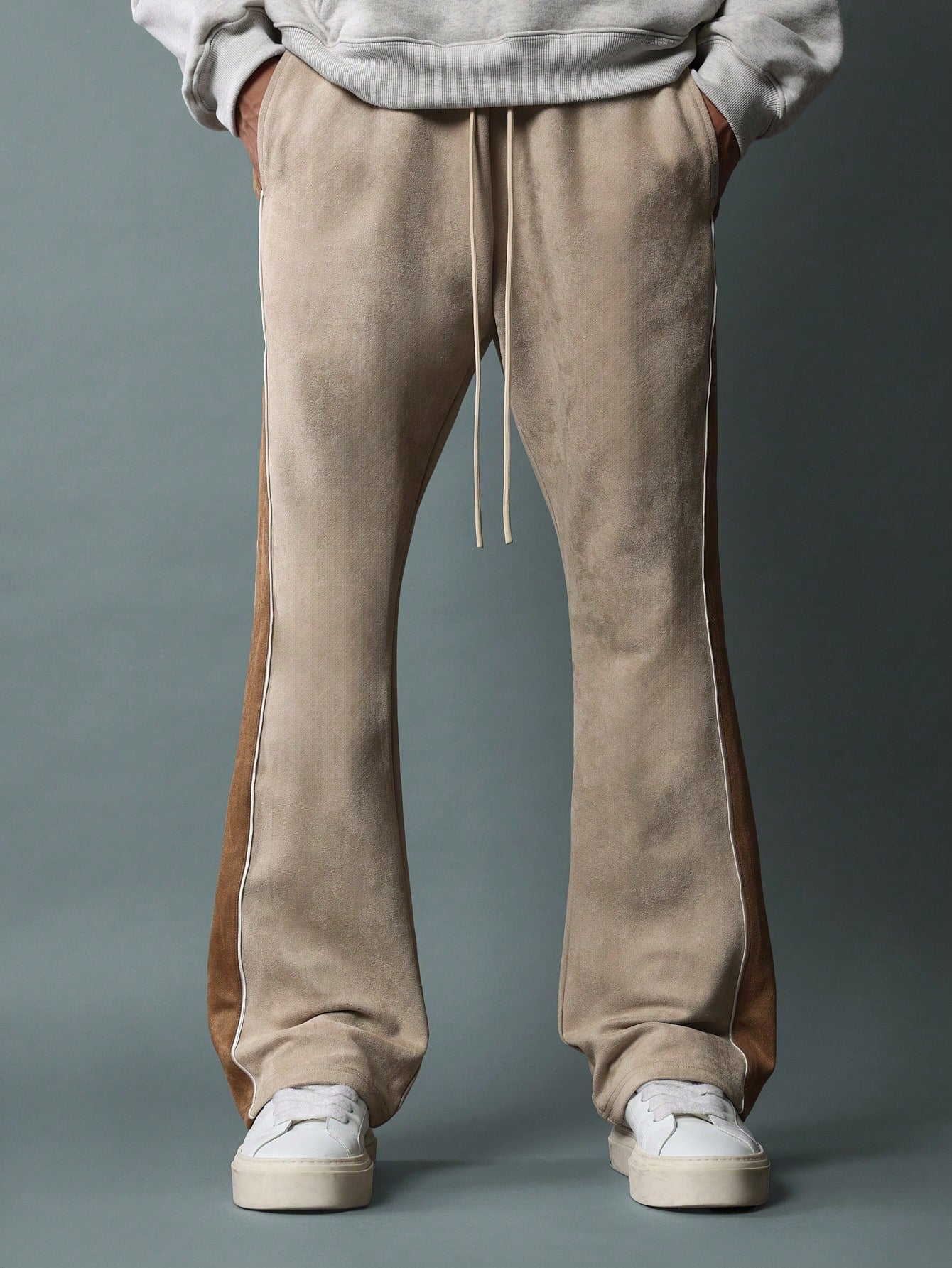 Flare Fit Suedette Sweatpants With Piping, Contrast Panels & Drawstrings