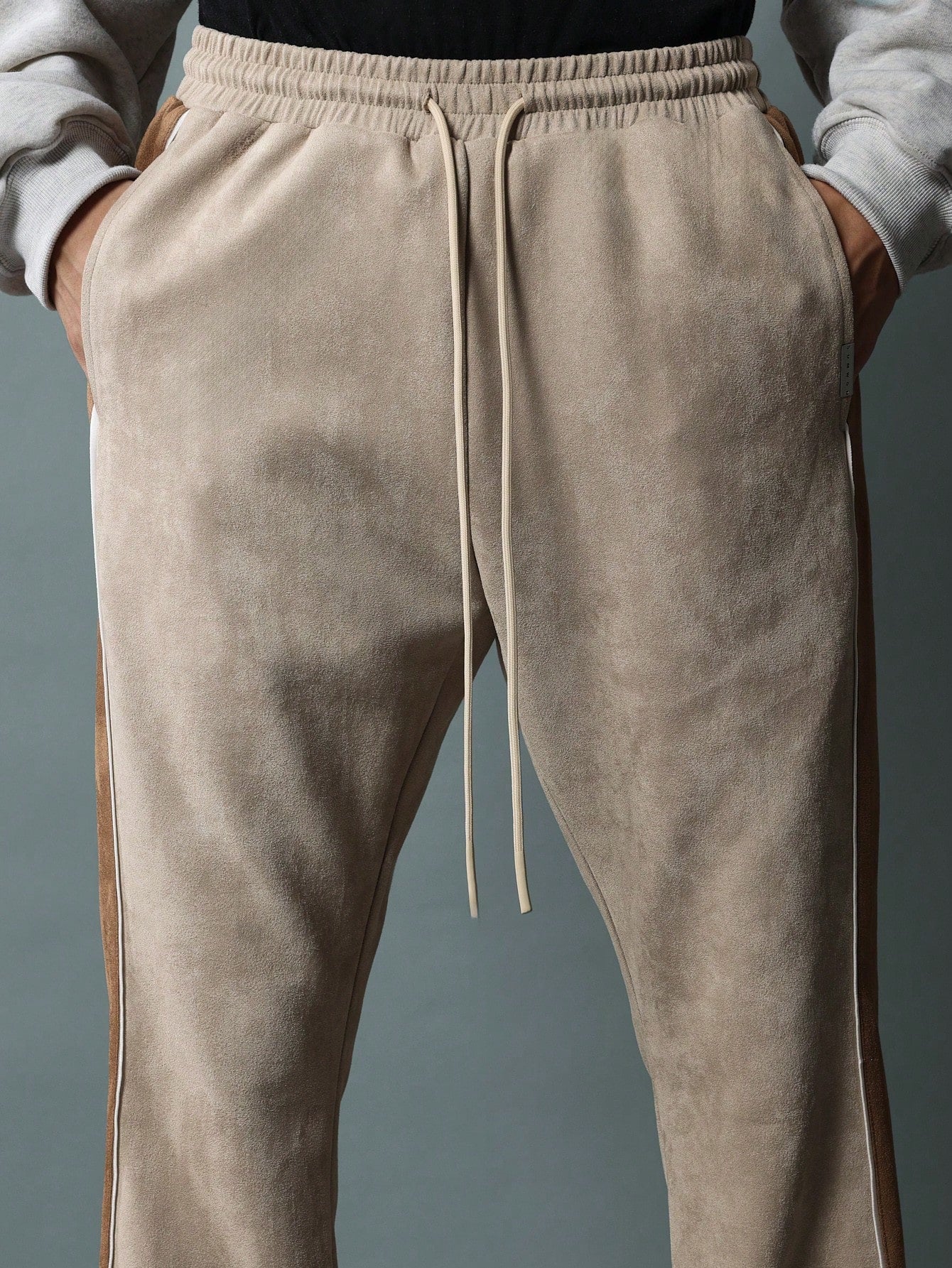 Flare Fit Suedette Sweatpants With Piping, Contrast Panels & Drawstrings