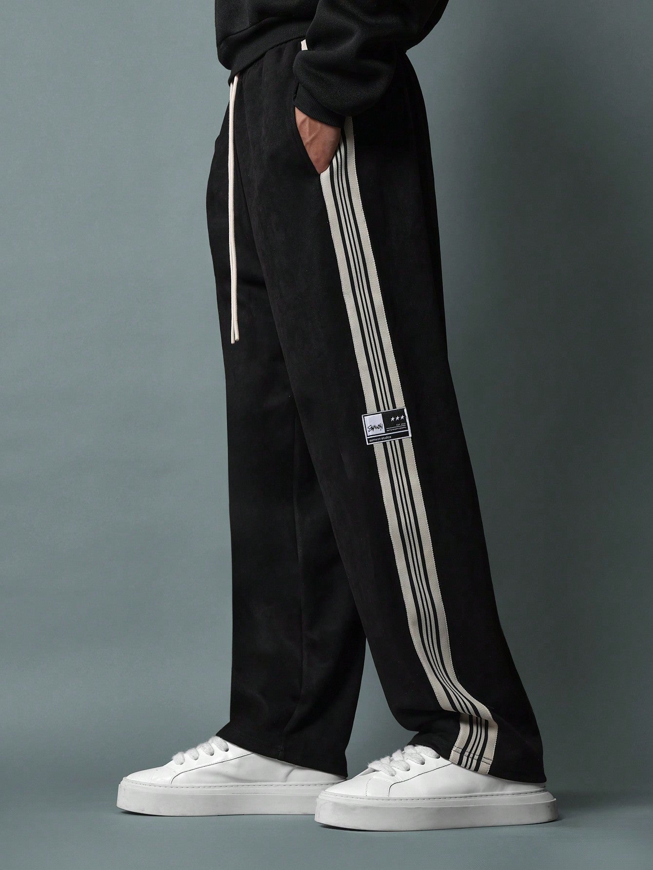 Straight Fit Suedette Sweatpants With Side Stripe Tape & Drawstrings