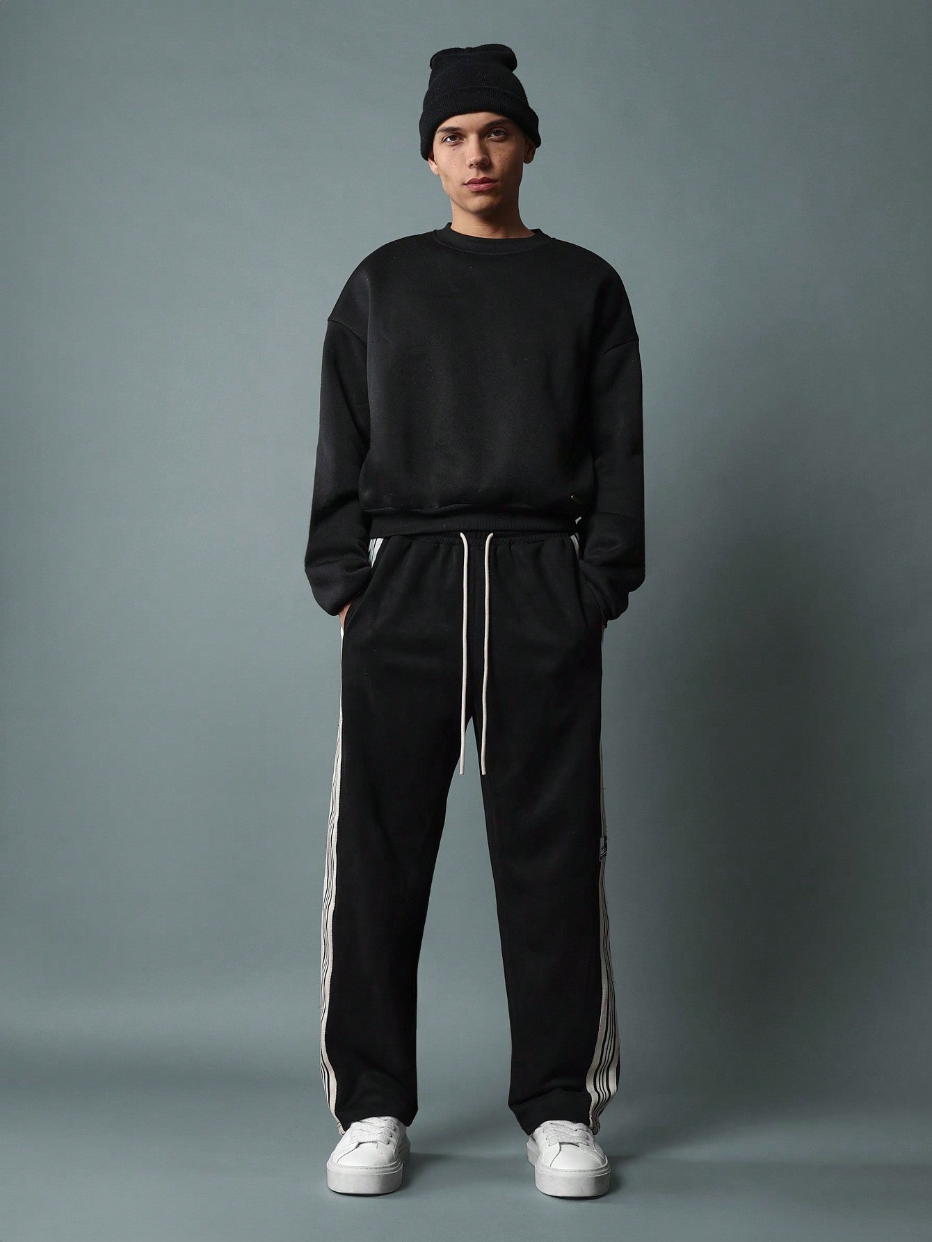 Straight Fit Suedette Sweatpants With Side Stripe Tape & Drawstrings