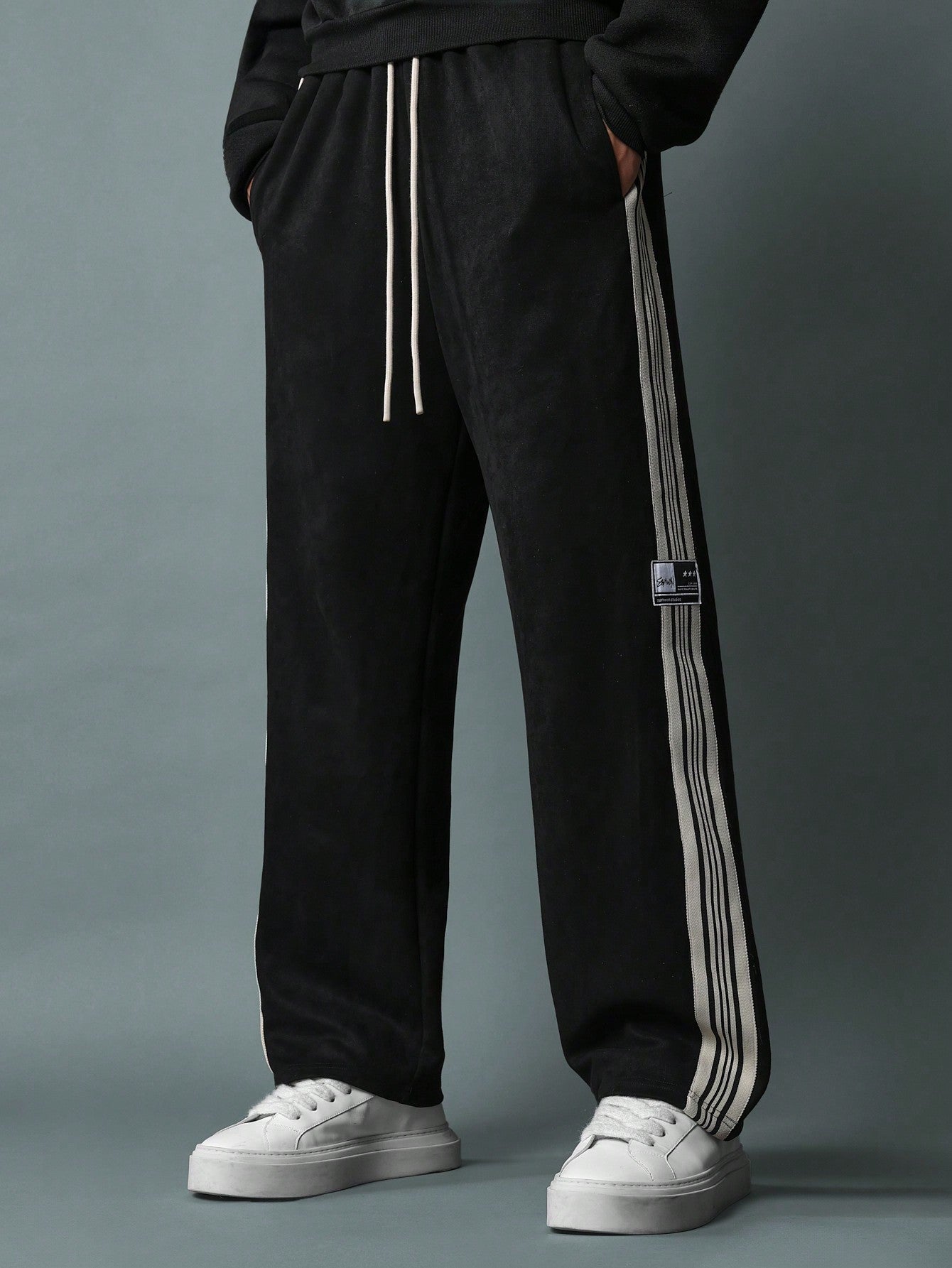 Straight Fit Suedette Sweatpants With Side Stripe Tape & Drawstrings