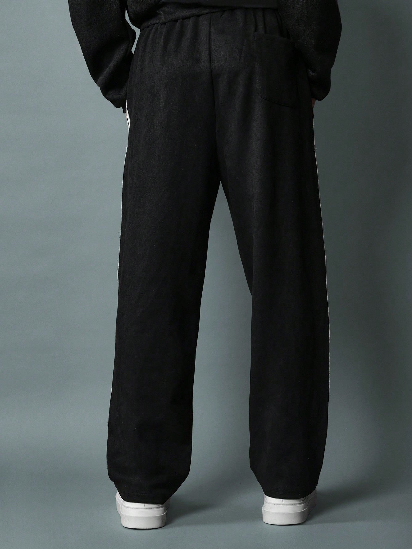 Straight Fit Suedette Sweatpants With Side Stripe Tape & Drawstrings