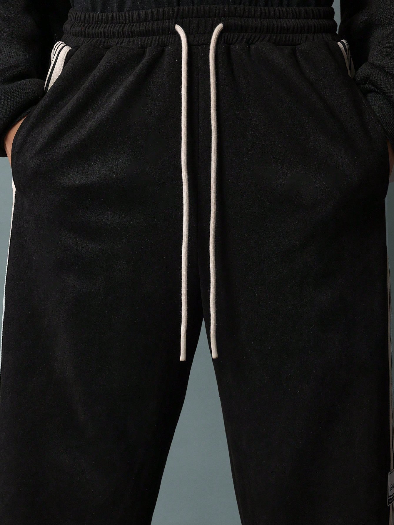 Straight Fit Suedette Sweatpants With Side Stripe Tape & Drawstrings