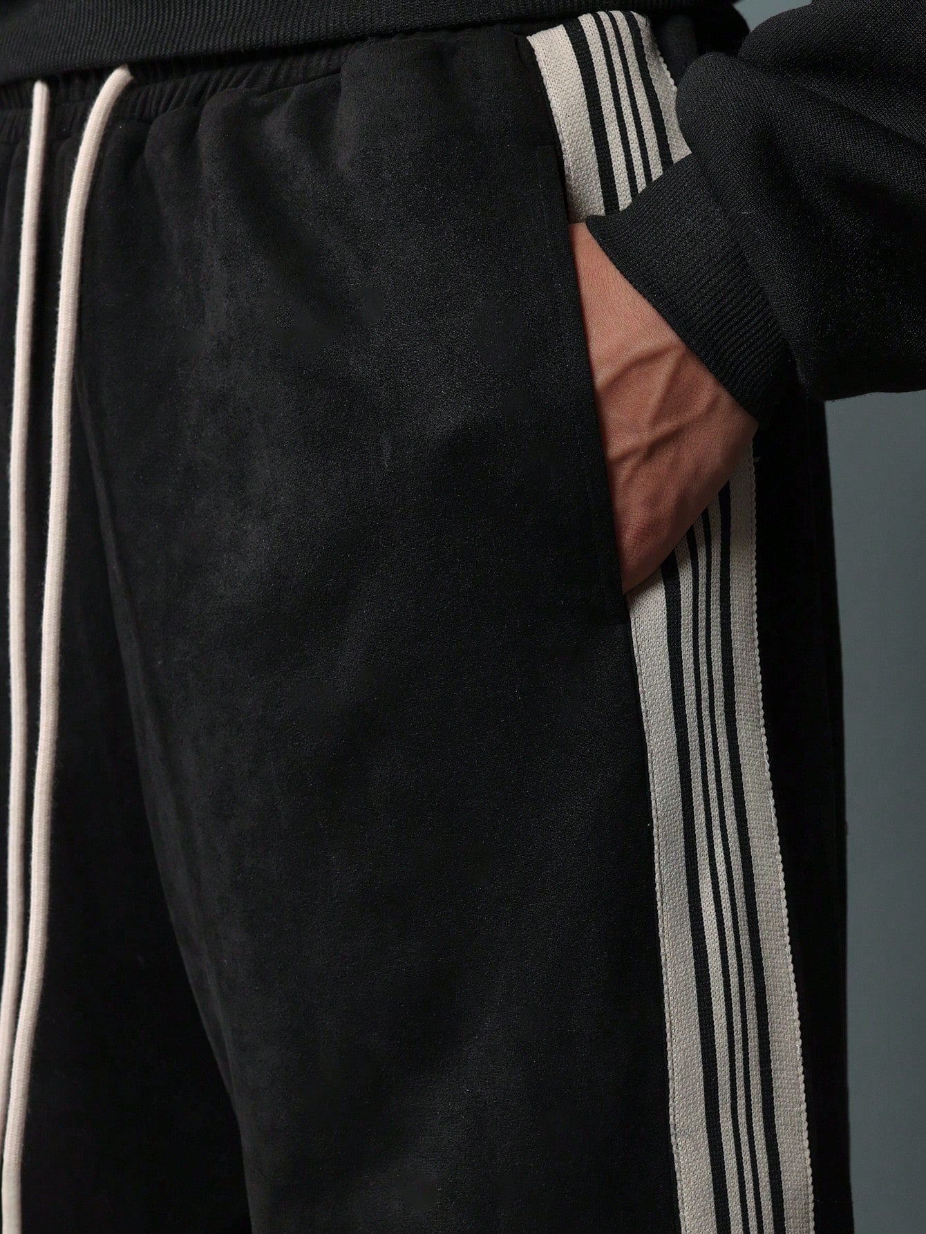 Straight Fit Suedette Sweatpants With Side Stripe Tape & Drawstrings