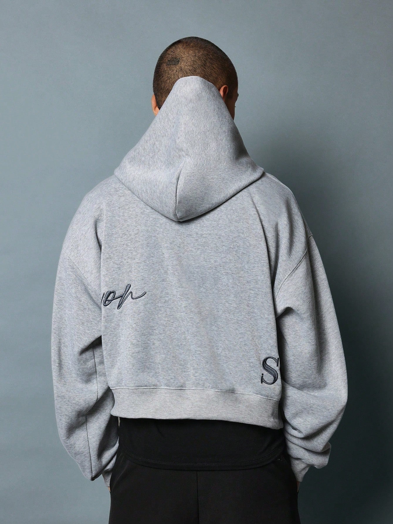 Crop Fit Overhead Hoodie With Script Embroidery Pattern