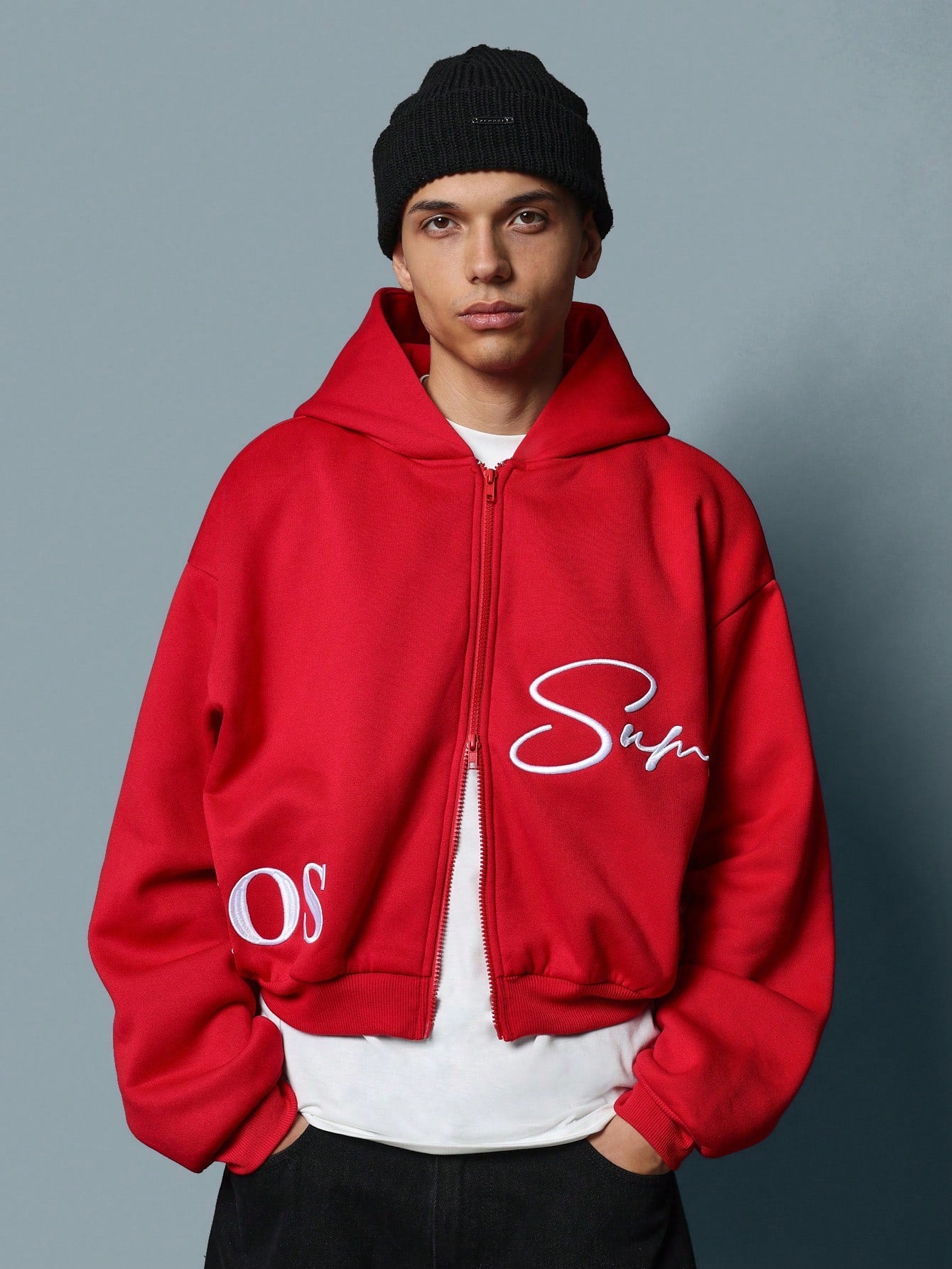 Crop Fit Zip Up Hoodie With Script Embroidery Pattern