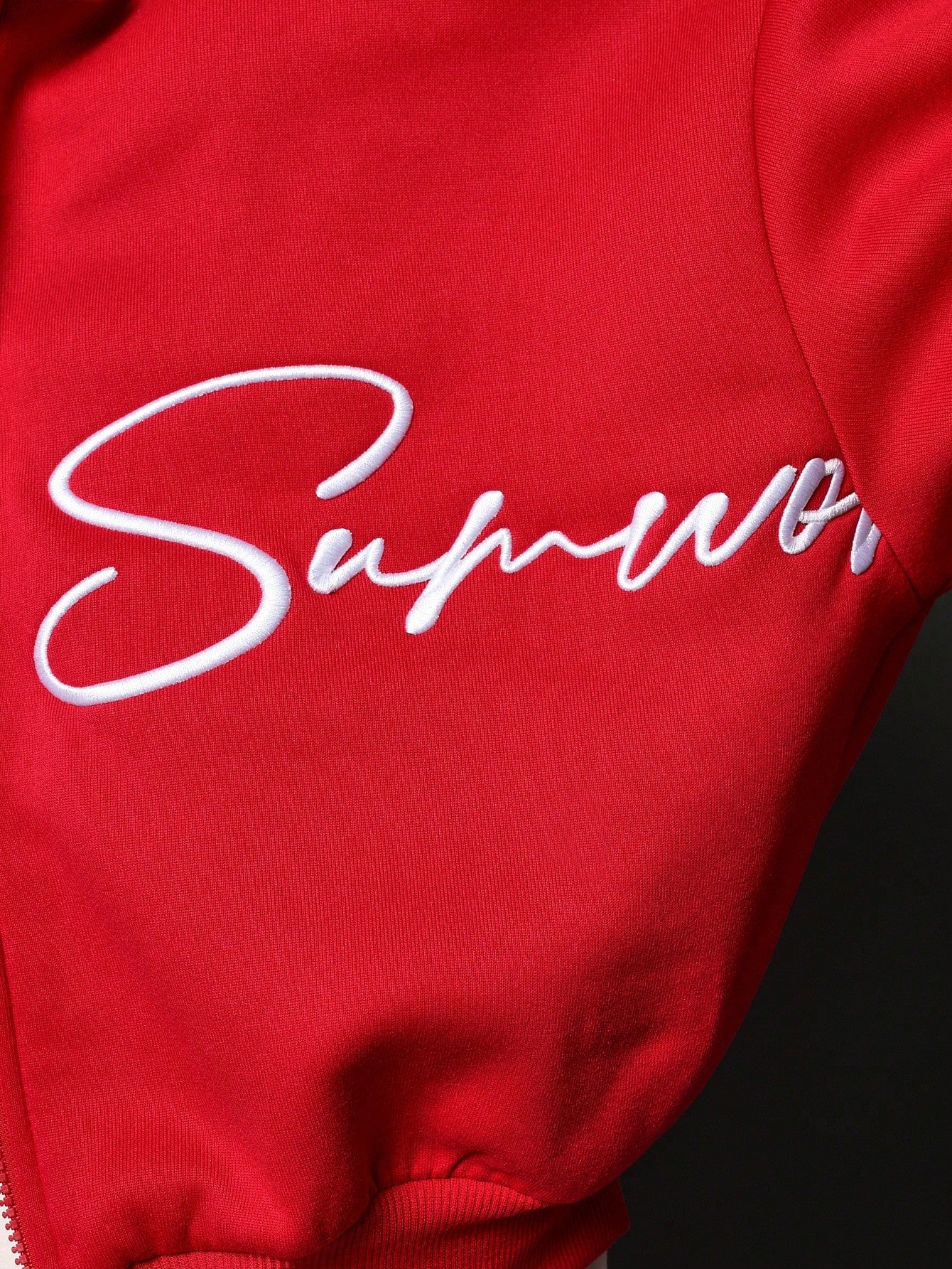 Crop Fit Zip Up Hoodie With Script Embroidery Pattern