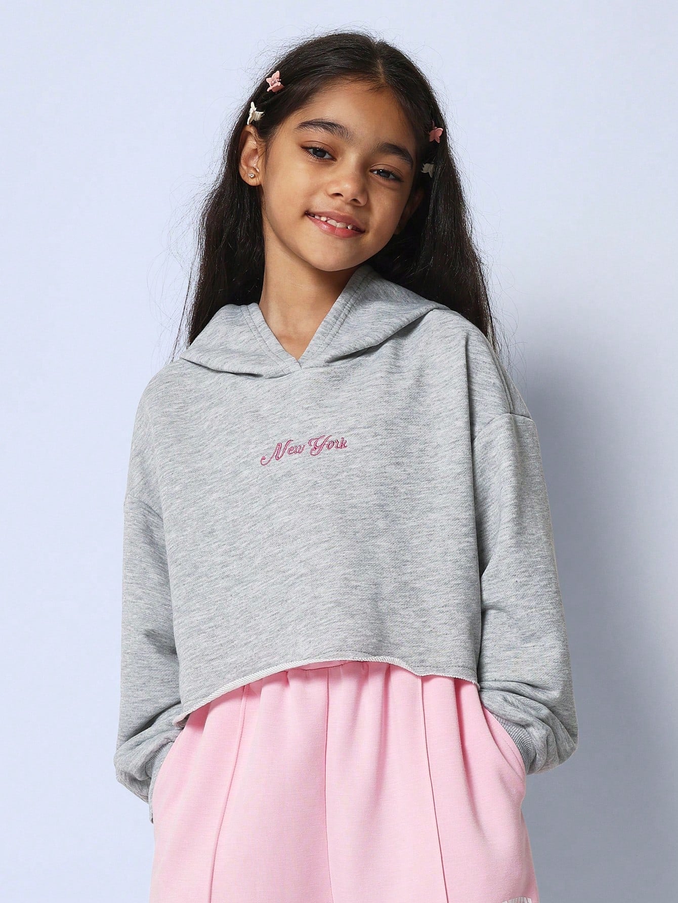 Tween Girls Comfy Crop Grey Marl Overhead Hoodie With Small Graphic Print