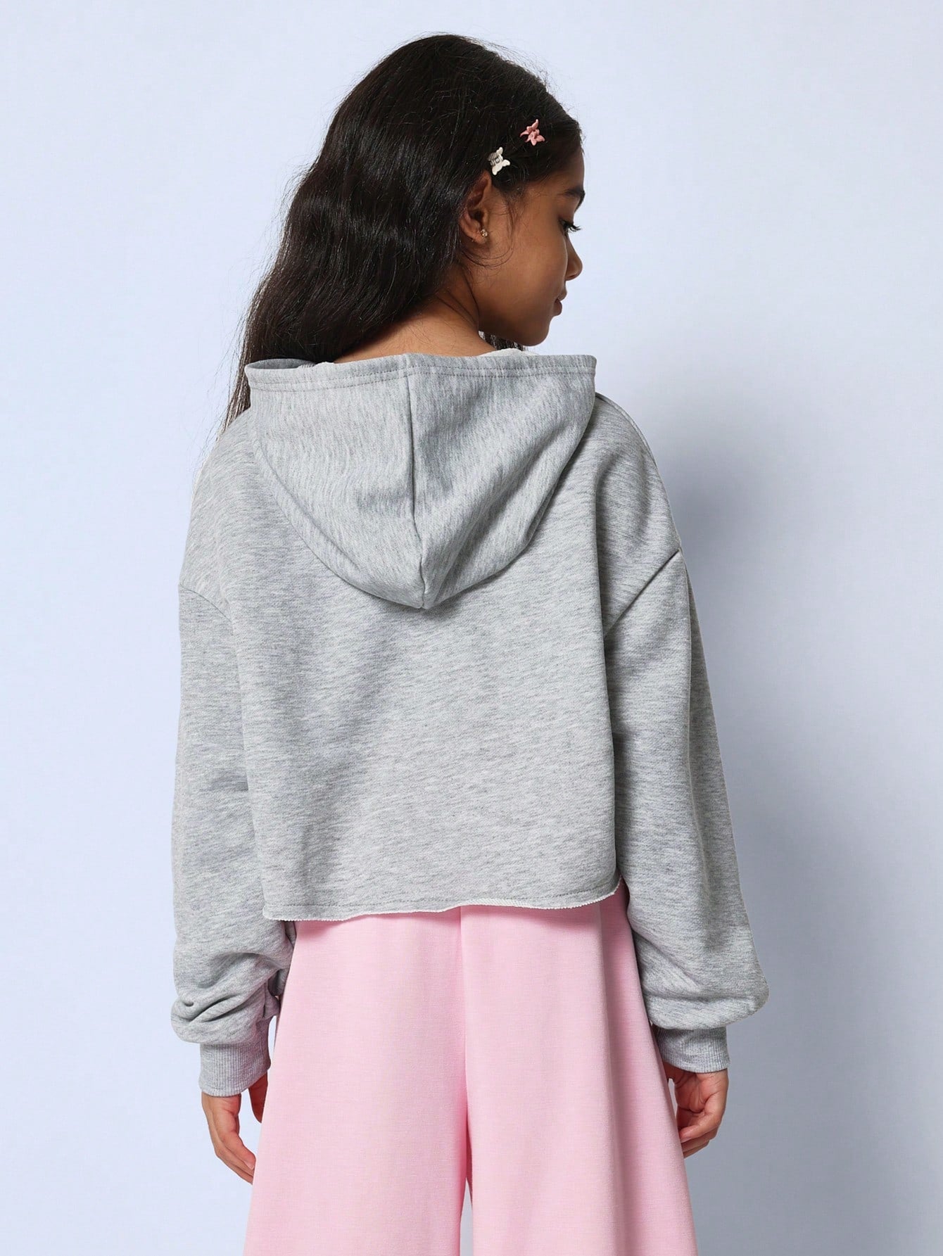 Tween Girls Comfy Crop Grey Marl Overhead Hoodie With Small Graphic Print