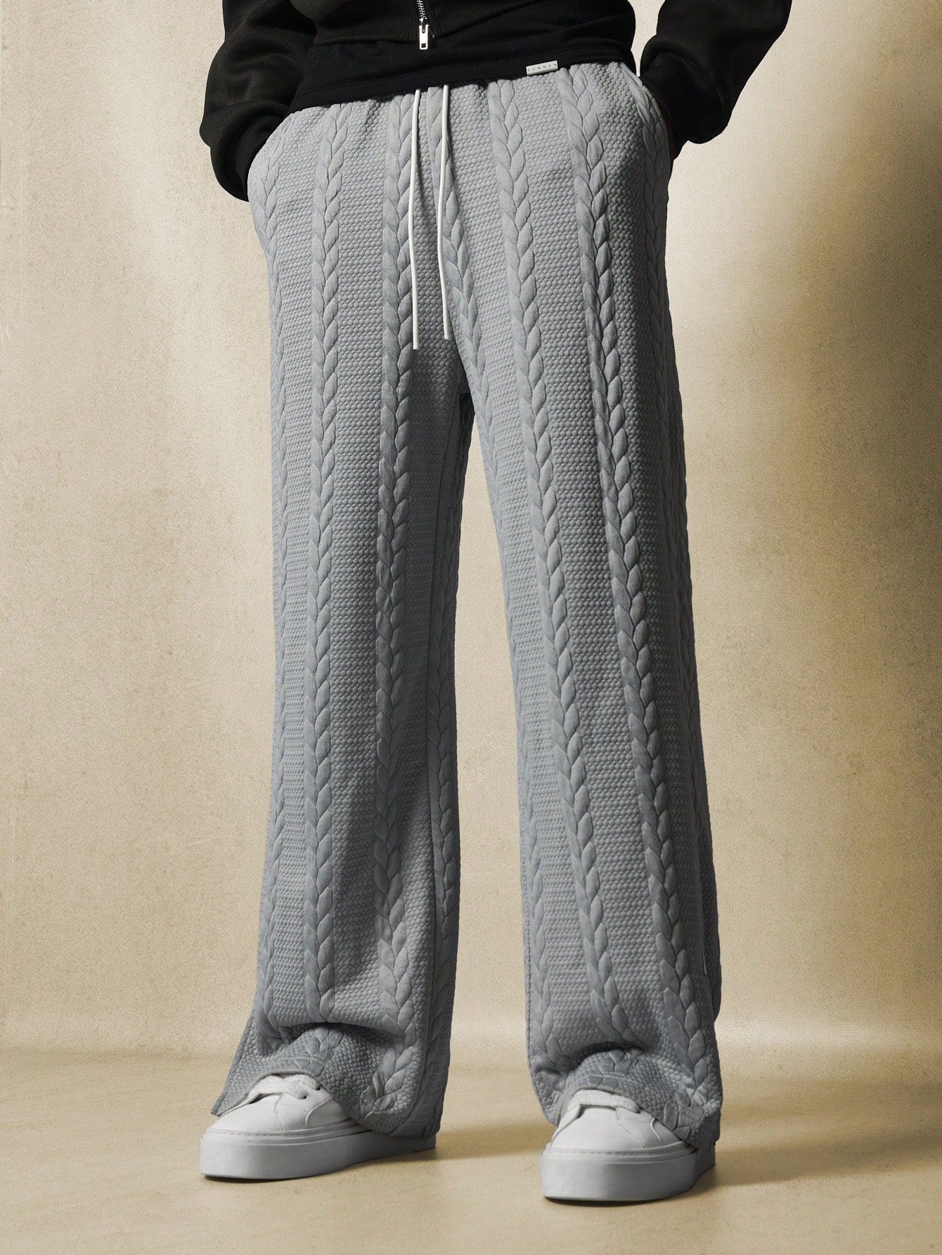 Straight Fit Cable Sweatpants With Slit, Label & Drawstrings