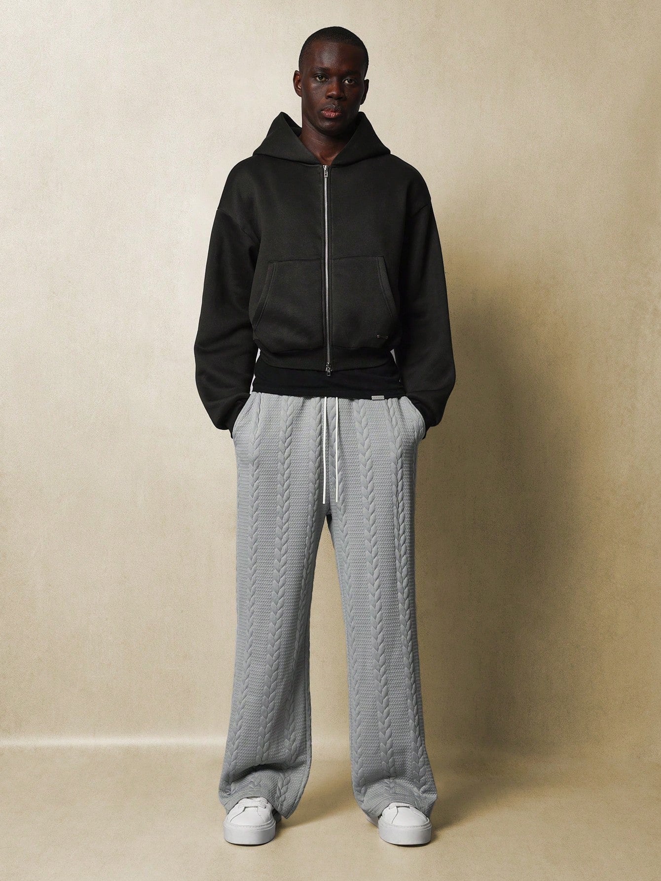 Straight Fit Cable Sweatpants With Slit, Label & Drawstrings