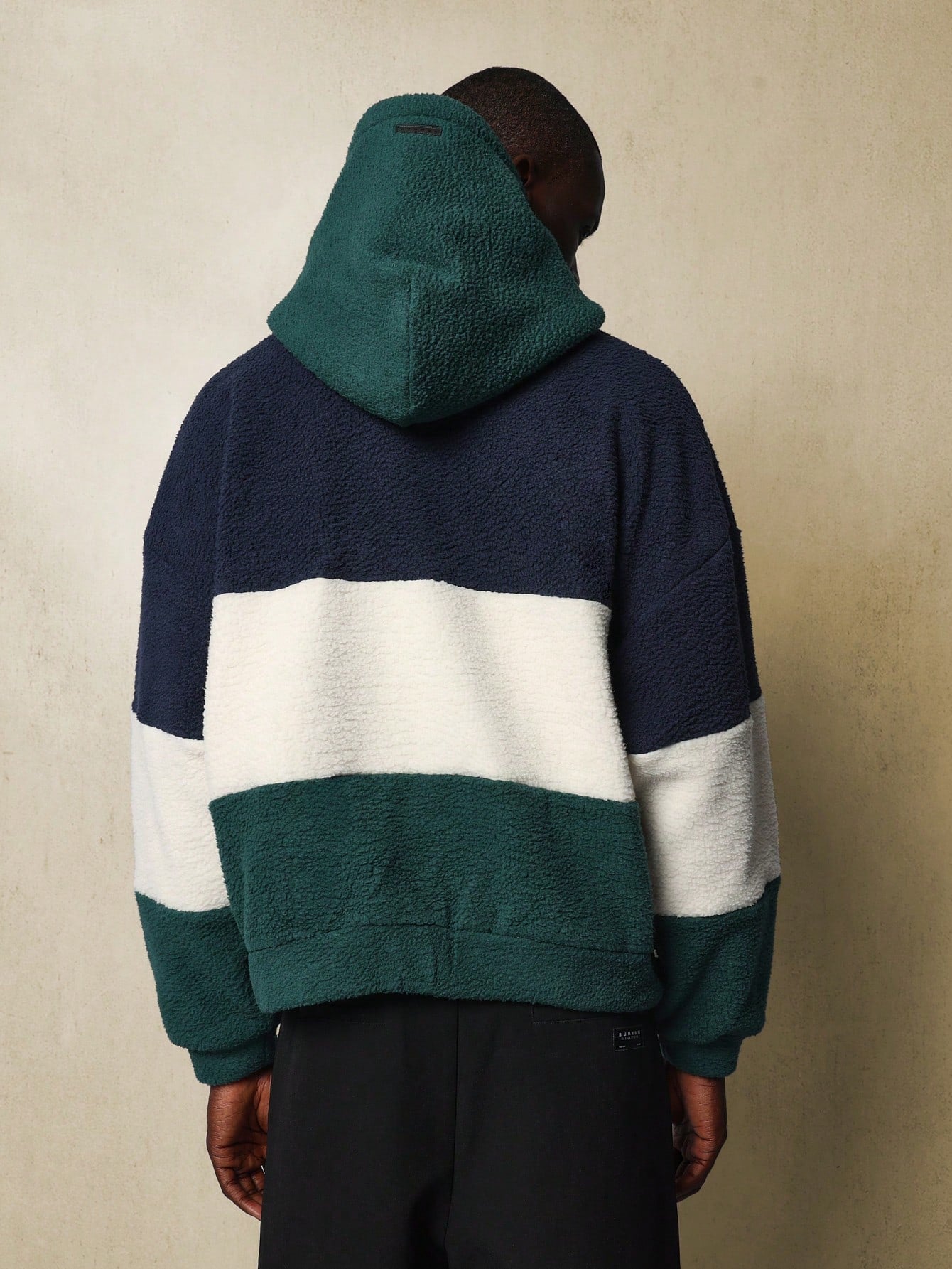 Oversized Fit Borg Hoodie With Colour Blocking And Side Pocket & Embroidery