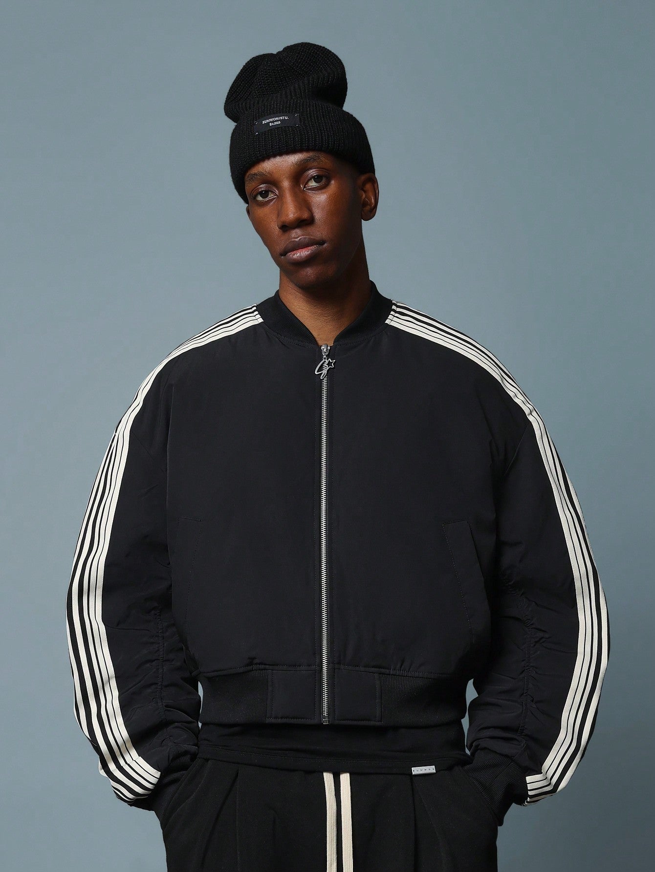 Crop Fit Nylon Bomber Jacket With Side Tape