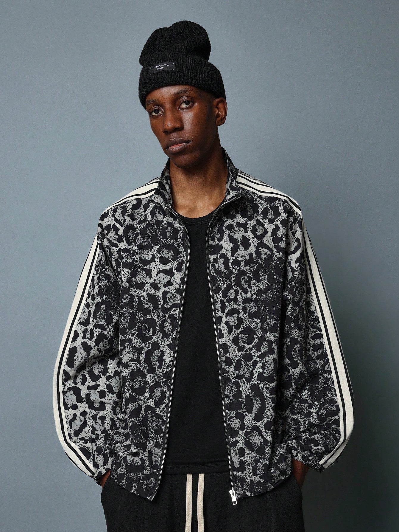 Regular Fit Track Leopard Printed Jacket With Side Tape Panel