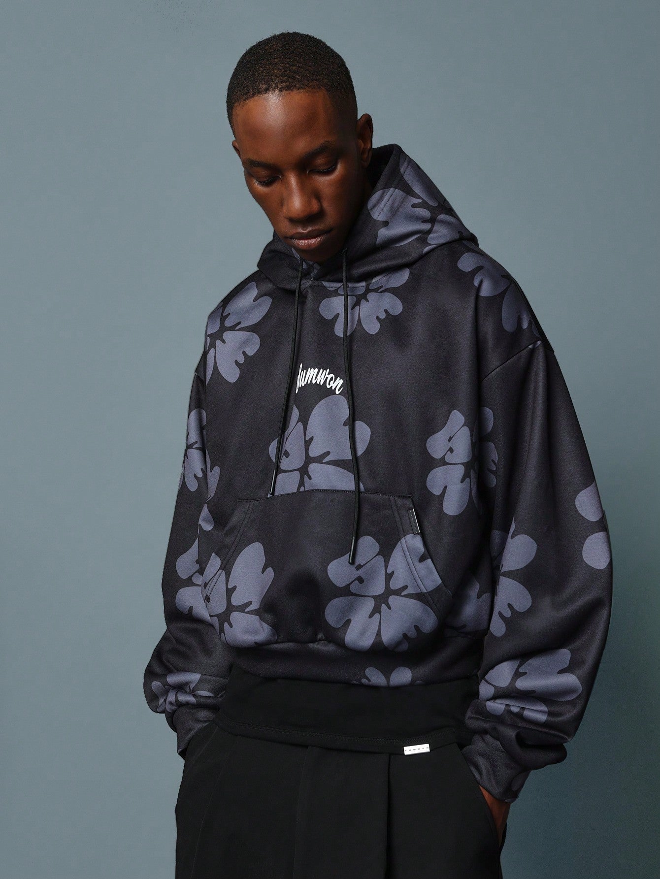 Crop Fit Floral Printed Overhead Hoodie With Drawstrings