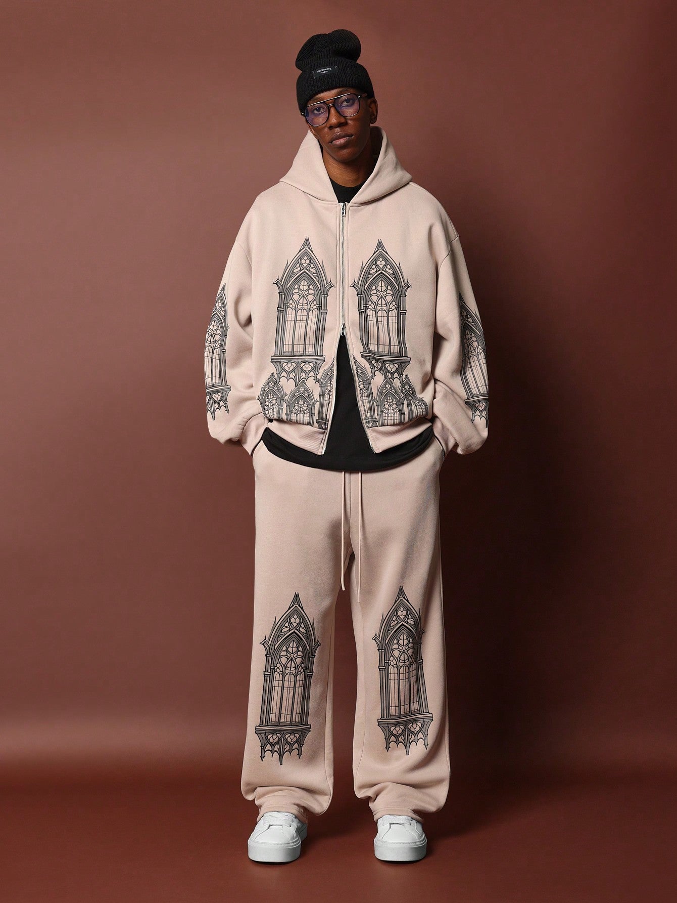 Regular Fit Zip-Up Hoodie And Drop Crotch Sweatpants With Window Graphic Print 2 Piece Set