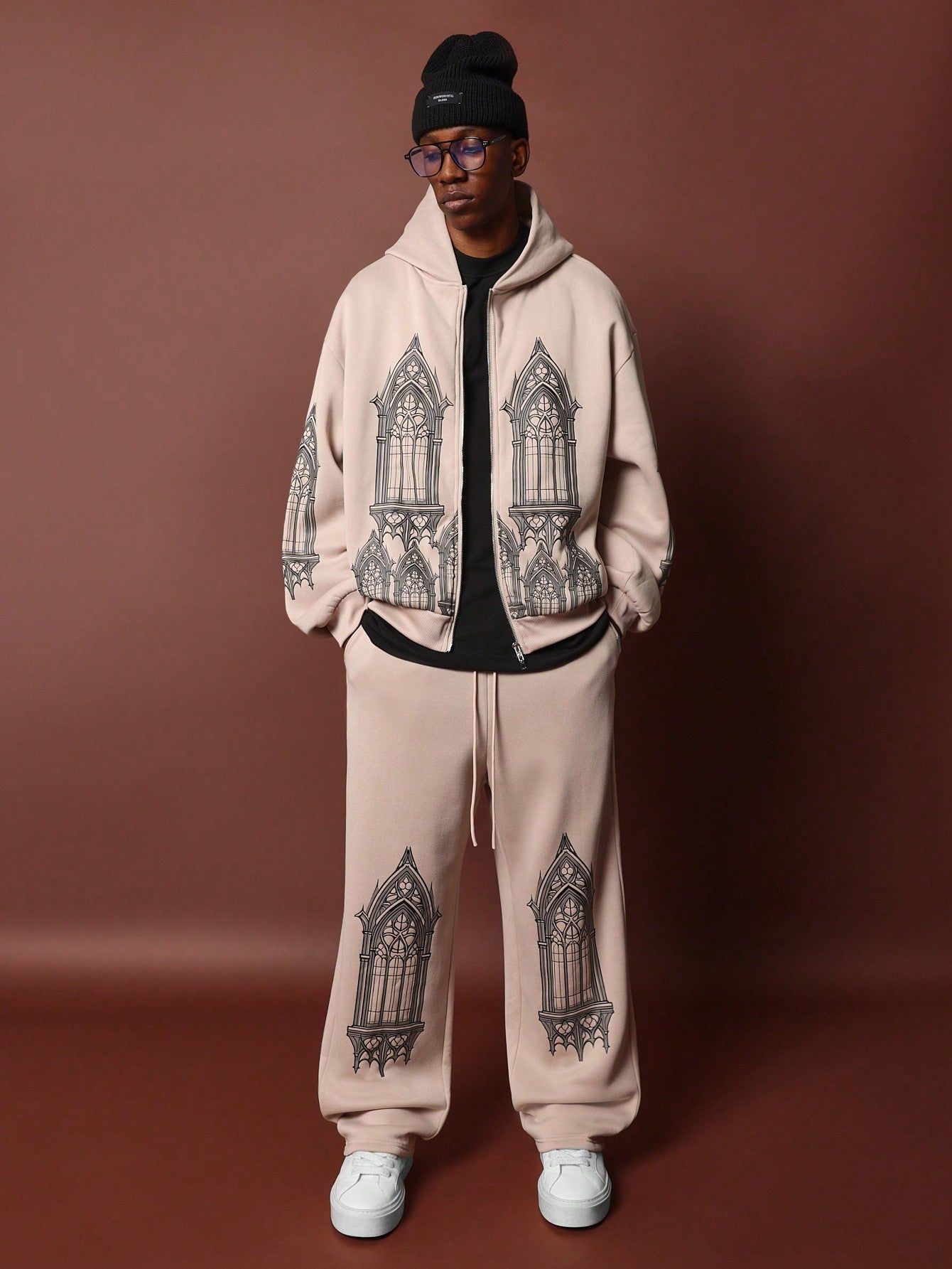 Regular Fit Zip-Up Hoodie And Drop Crotch Sweatpants With Window Graphic Print 2 Piece Set