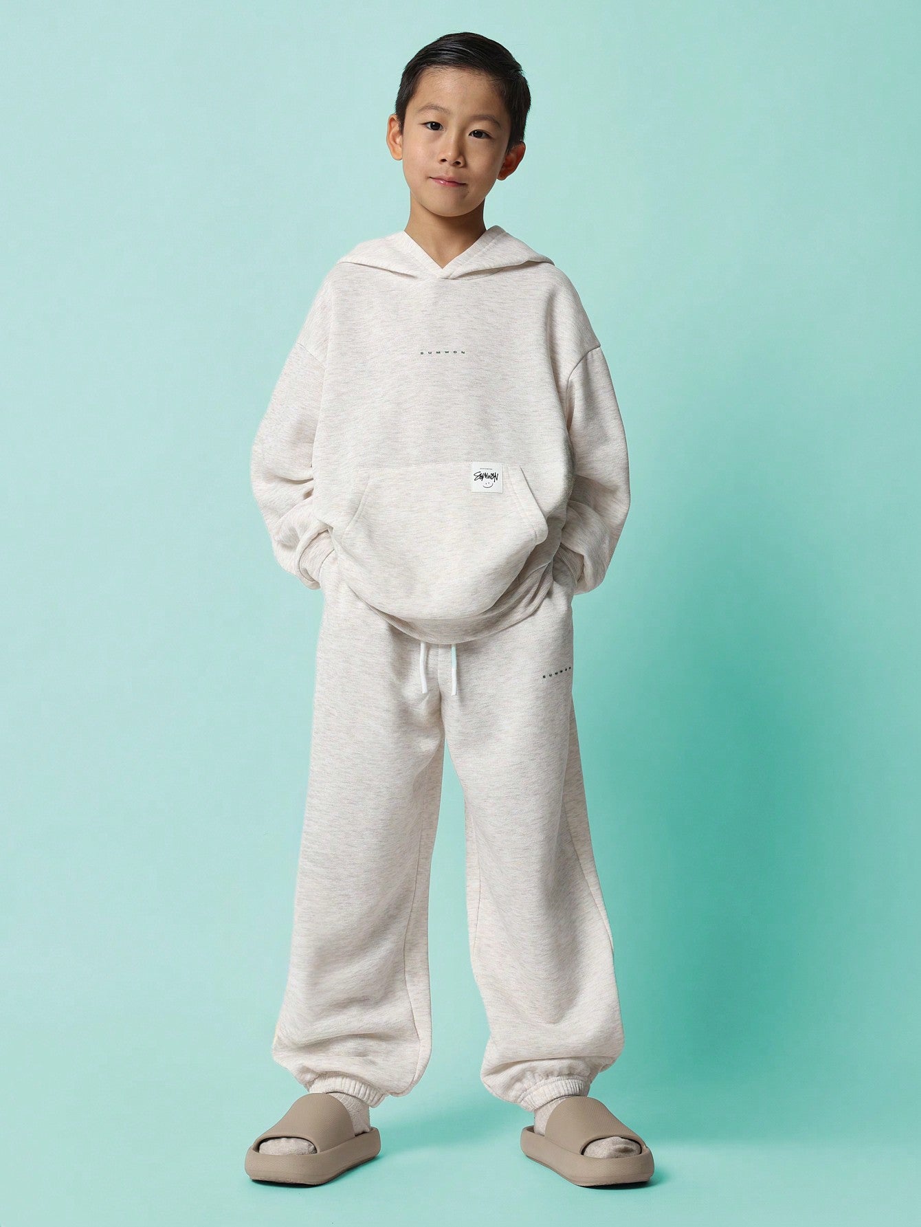 Tween Boys Comfy Cream Marl Overhead Hoodie And Jogger 2 Piece Set