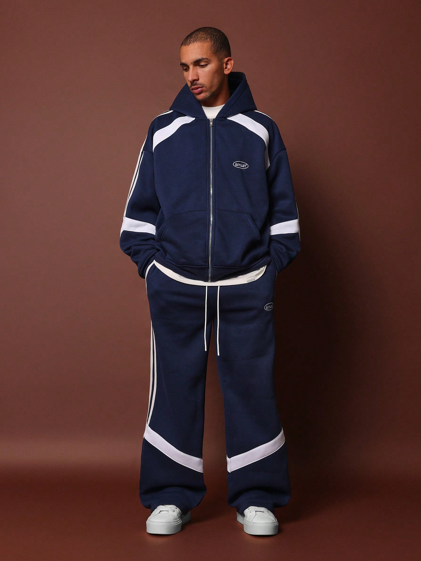 Oversized Zip-Up Hoodie And Wide Fit Drop Crotch Sweatpants With Contrast Colour Panel