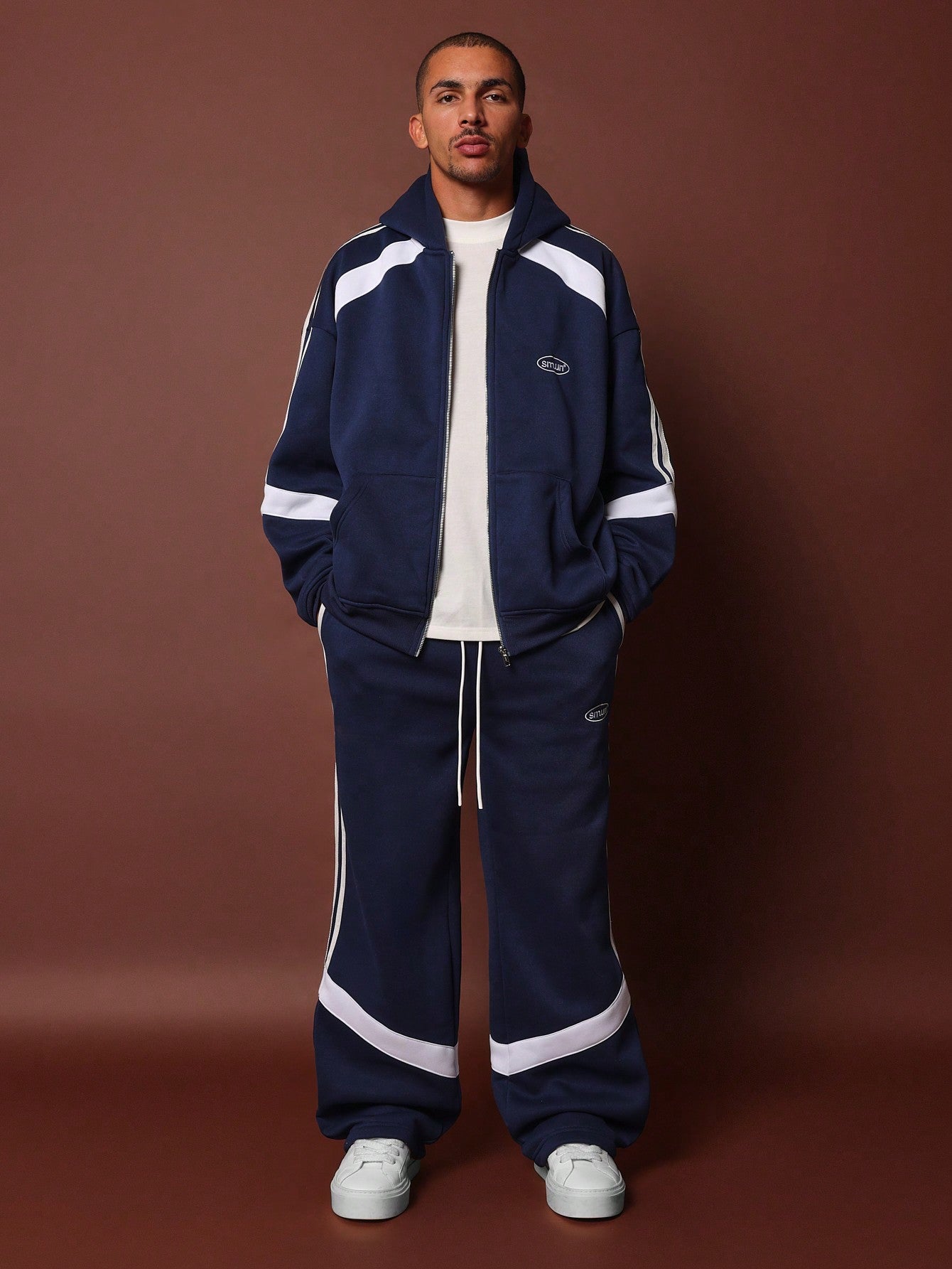 Oversized Zip-Up Hoodie And Wide Fit Drop Crotch Sweatpants With Contrast Colour Panel