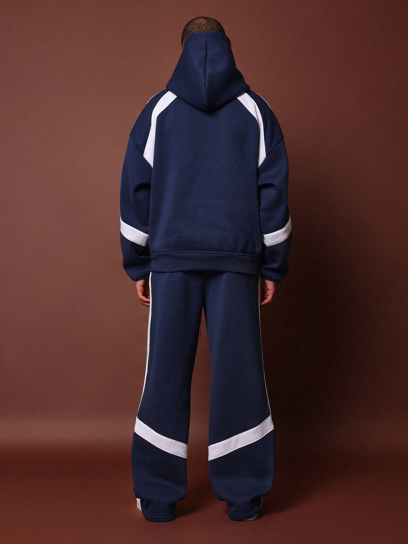 Oversized Zip-Up Hoodie And Wide Fit Drop Crotch Sweatpants With Contrast Colour Panel