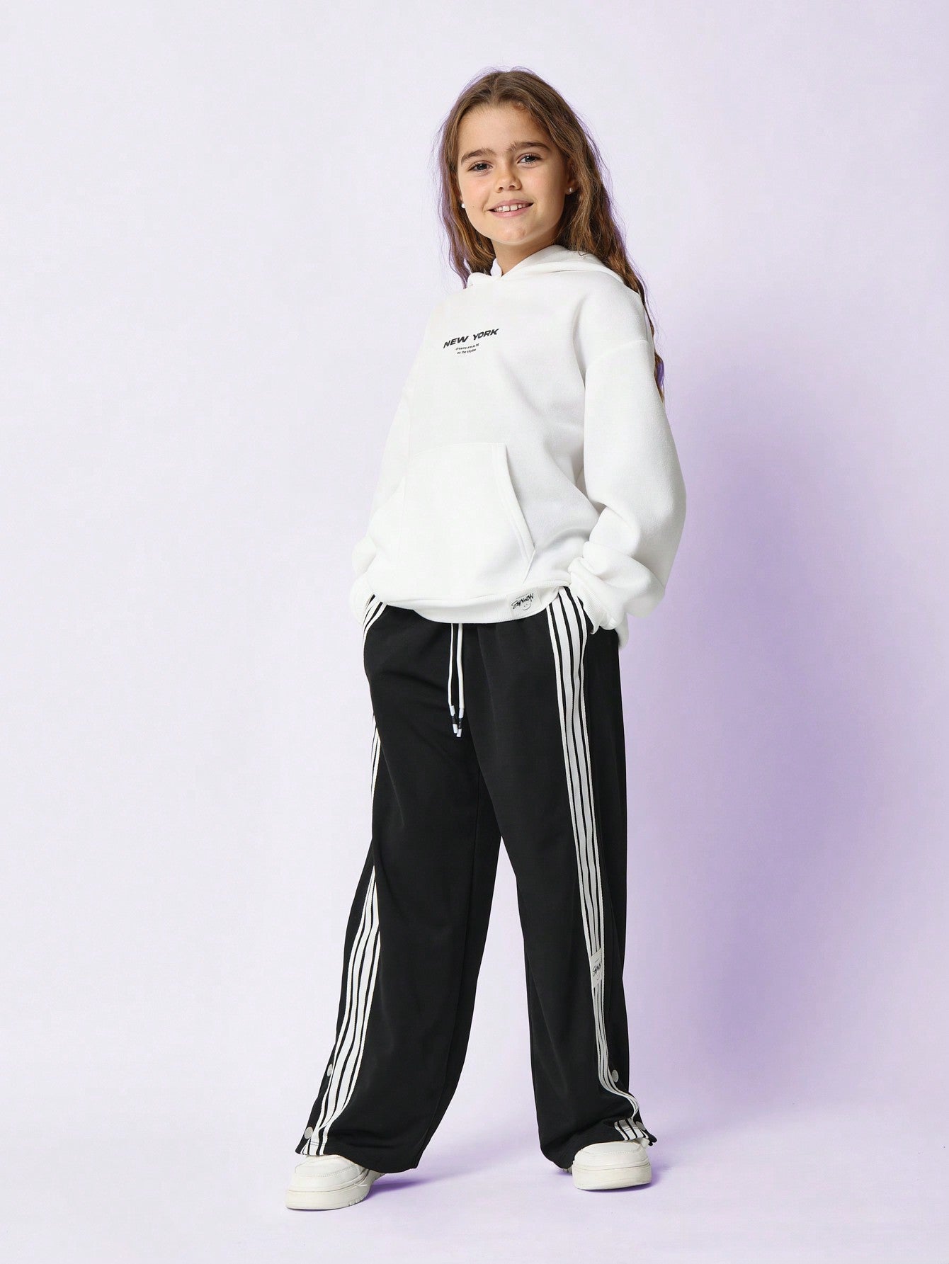 Tween Girls Comfy Overhead Graphic Printed Hoodie & Drop Crotch Stripe Tape Sweatpants 2 Piece Set