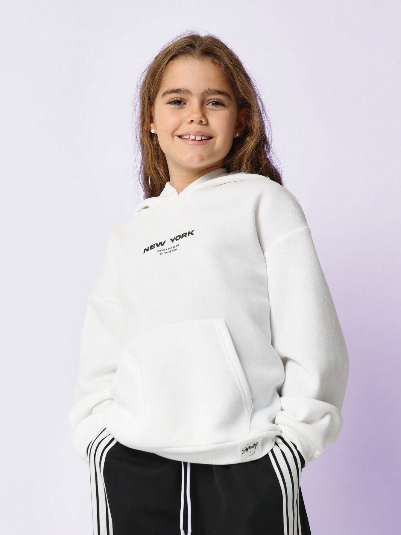 Tween Girls Comfy Overhead Graphic Printed Hoodie & Drop Crotch Stripe Tape Sweatpants 2 Piece Set