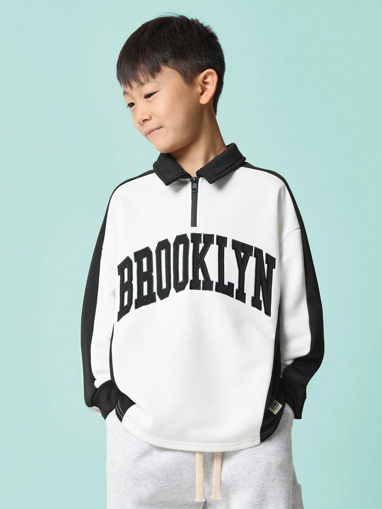 Tween Boys Relaxed Colour Blocked Polo Zip-Up Rugby Shirt With Brooklyn Graphic Print