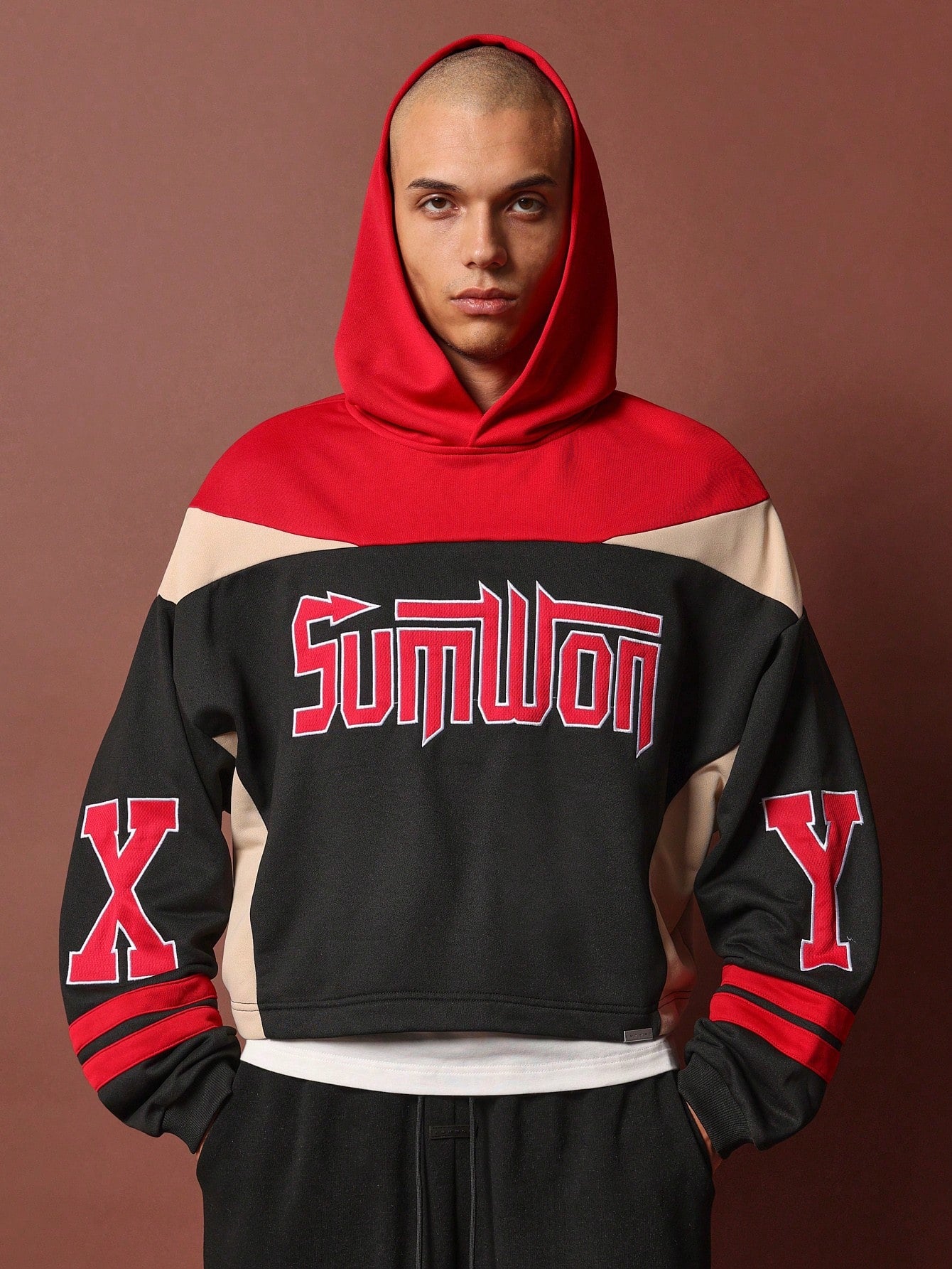 Crop Fit Overhead Light Weight Colour Block Hoodie With Embroidered Applique