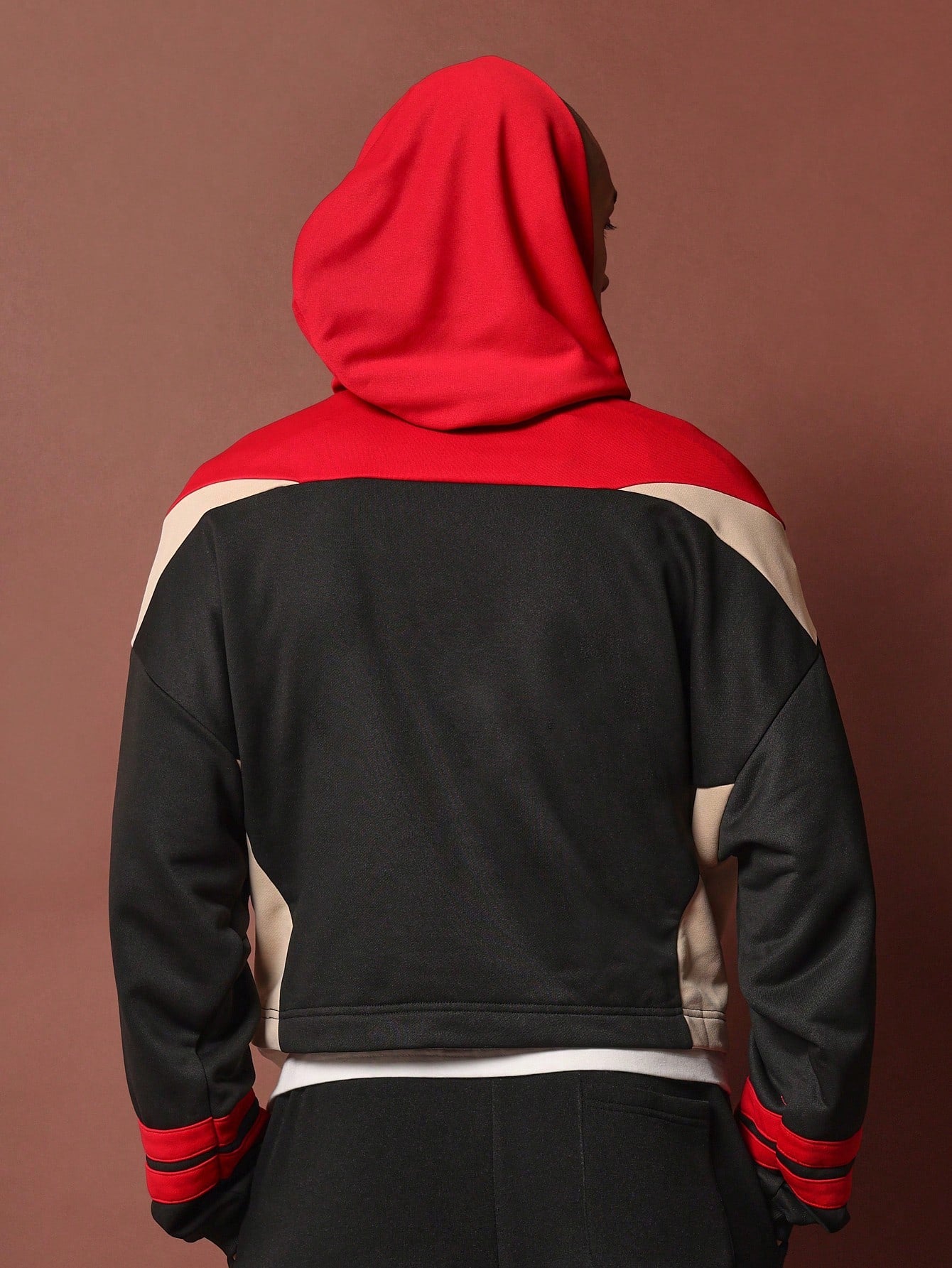 Crop Fit Overhead Light Weight Colour Block Hoodie With Embroidered Applique