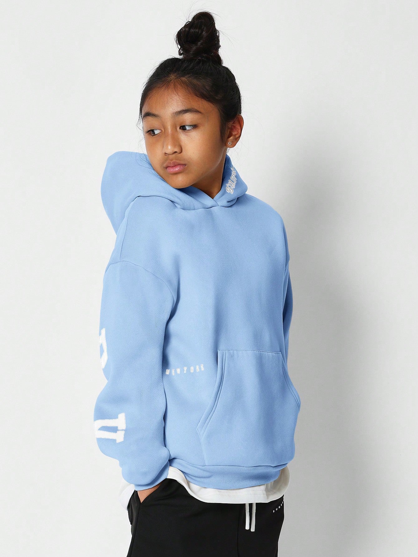 Tween Girls Overhead Hoodie With Immense New York Graphic Print