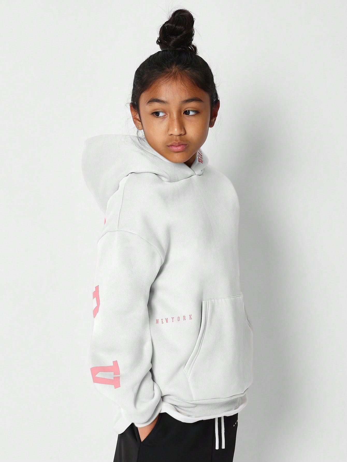 Tween Girls Overhead Hoodie With Immense New York Graphic Print