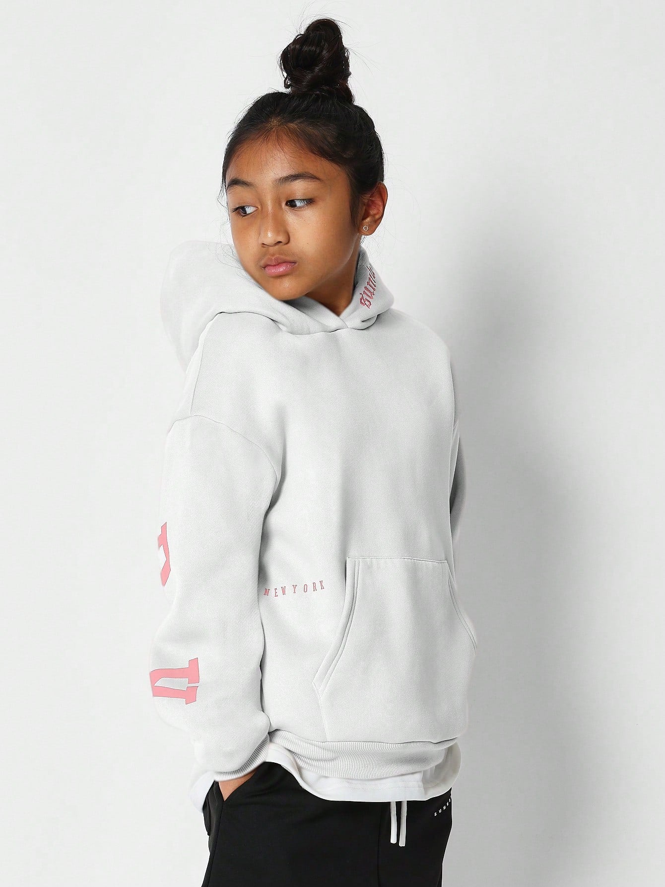 Tween Girls Overhead Hoodie With Immense New York Graphic Print