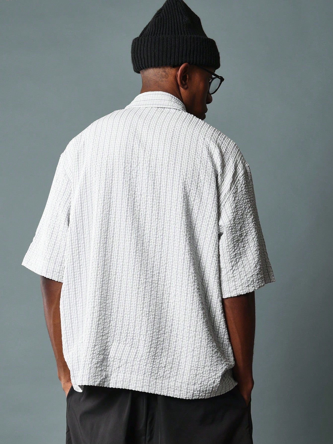 Boxy Fit Textured Revere Short Sleeve Check Shirt With Graphic Print